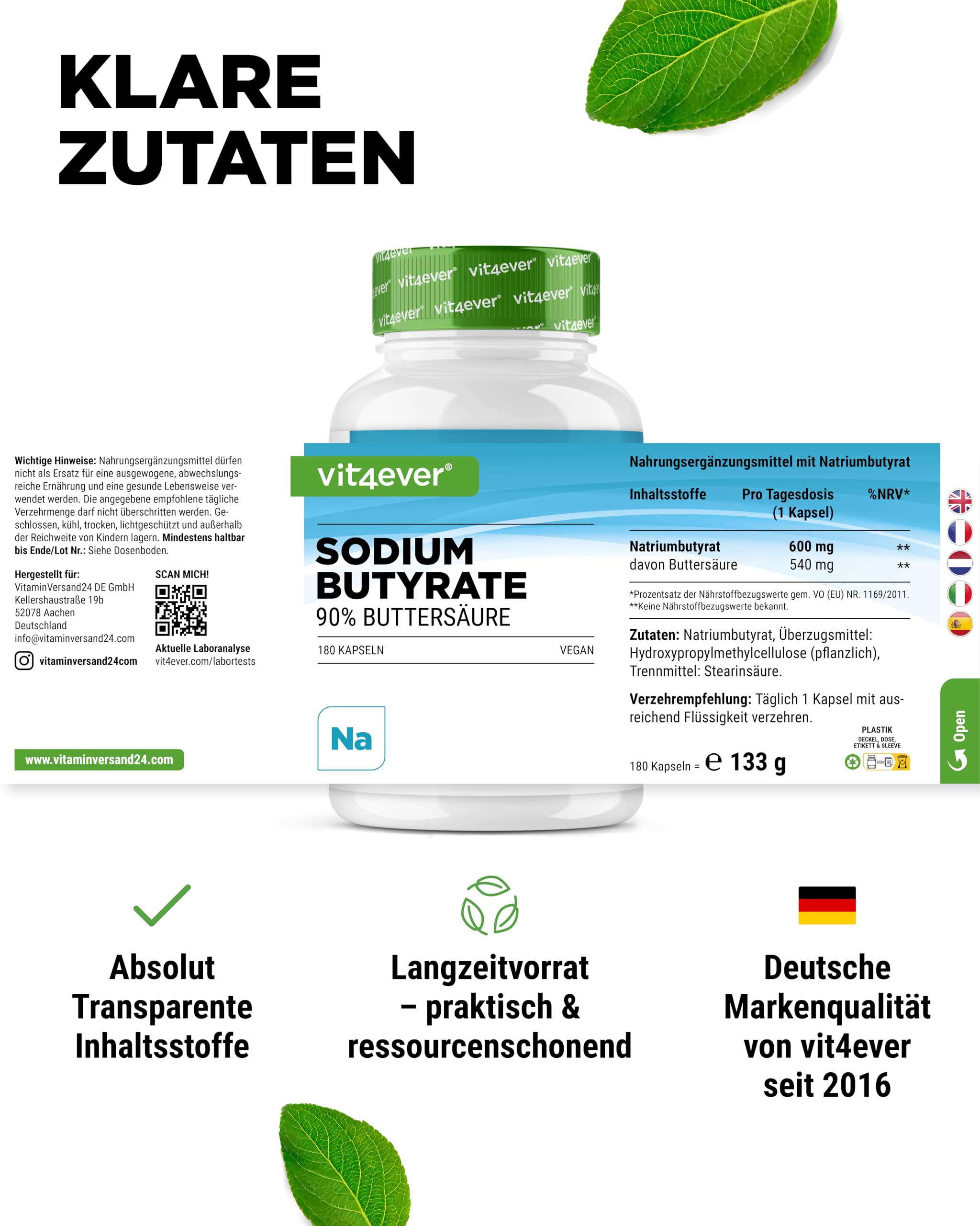 vit4ever Sodium Butyrate - 180 Kapseln - 600 mg - 90% Buttersäure | 540 mg Buttersäure pro Kapsel, reines Natriumbutyrat, hochdosiert, vegan