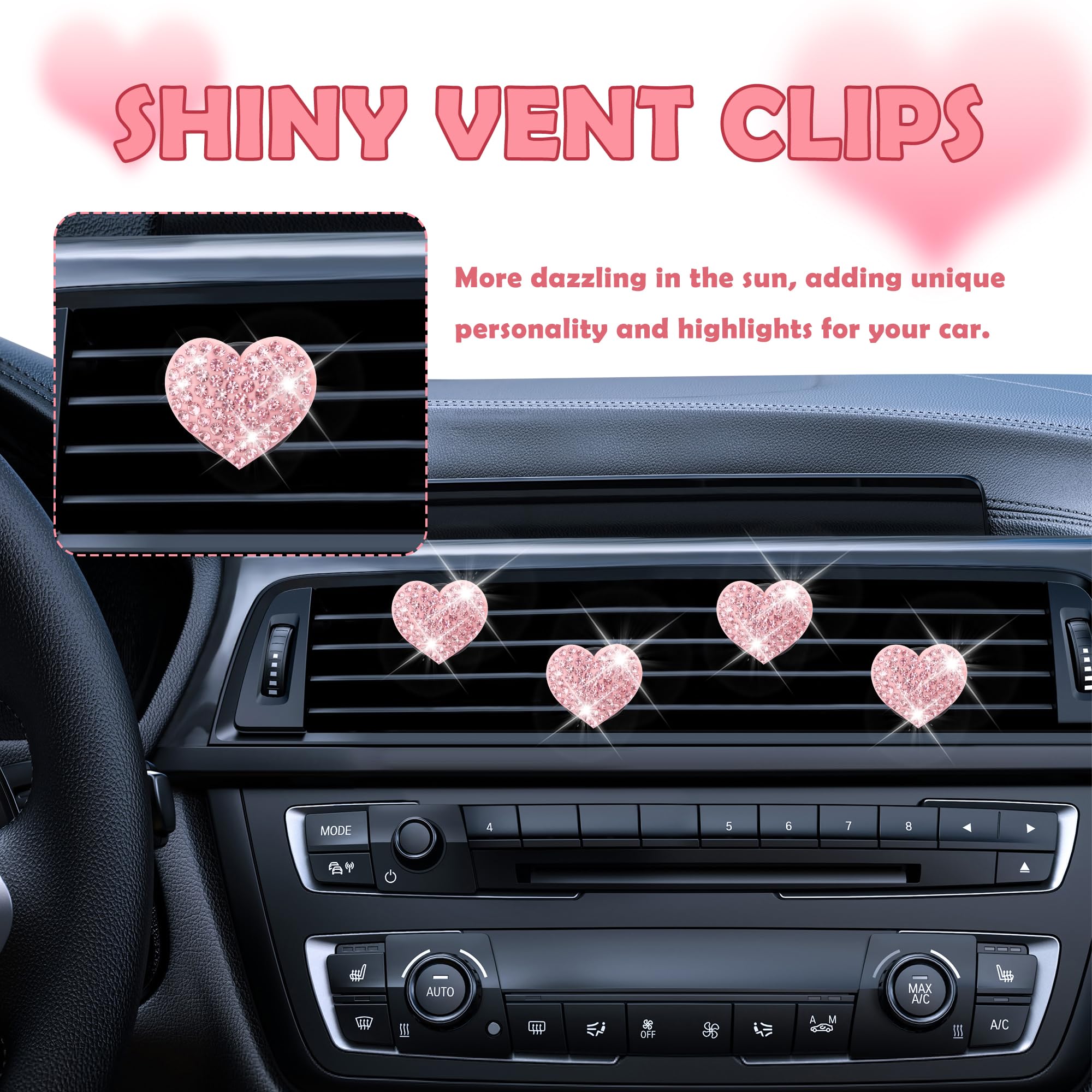 4PCS Heart-Shaped Car Vent Clips with Rhinestone Bling Air Vent Clips Car Decorations Premium Shiny Car Clips for — view 4