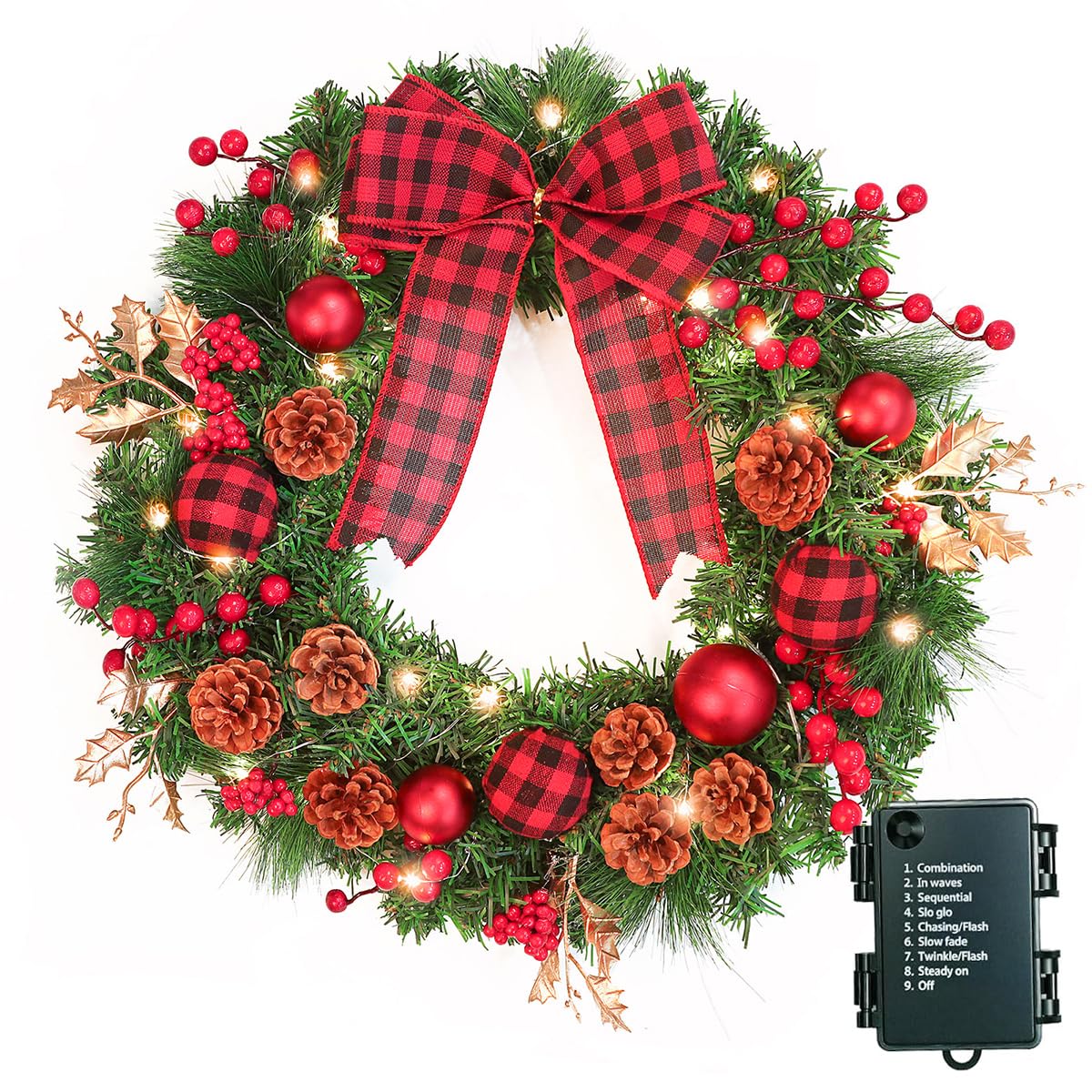 40CM Türkranz Weihnachten,Weihnachtskranz Haustür mit 30 LEDs,Weihnachtskranz mit Laterne, Kugeln, Beeren & Schleifen, weihnachtstürkranz, Weihnachten Dekor