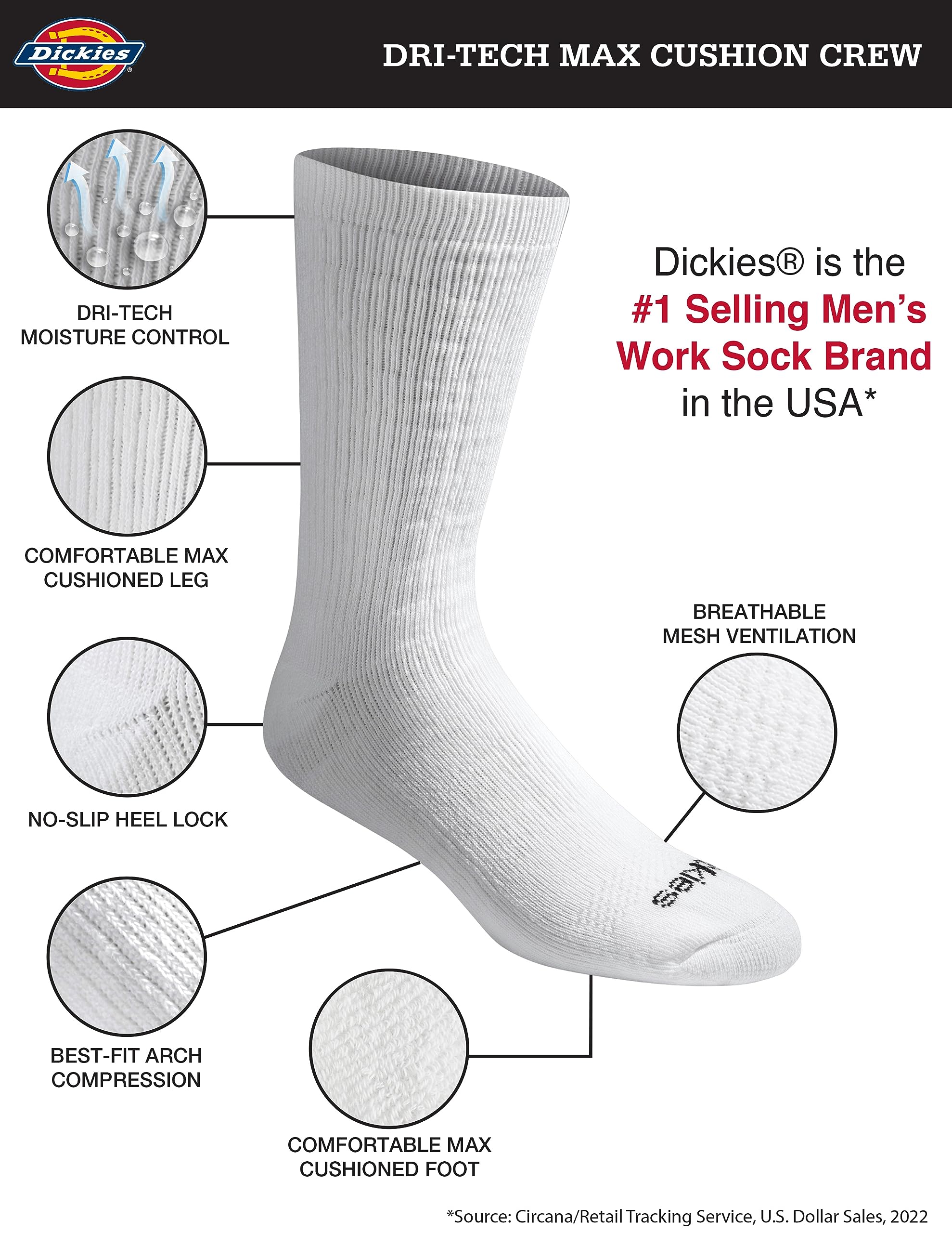 Dickies Dri-Tech Moisture Control Max Full Cushion Crew Socks, Available in M-XL (6, 12 Chaussettes décontractées, Blanc uni (6 Paires), Large (Lot de 6) Homme