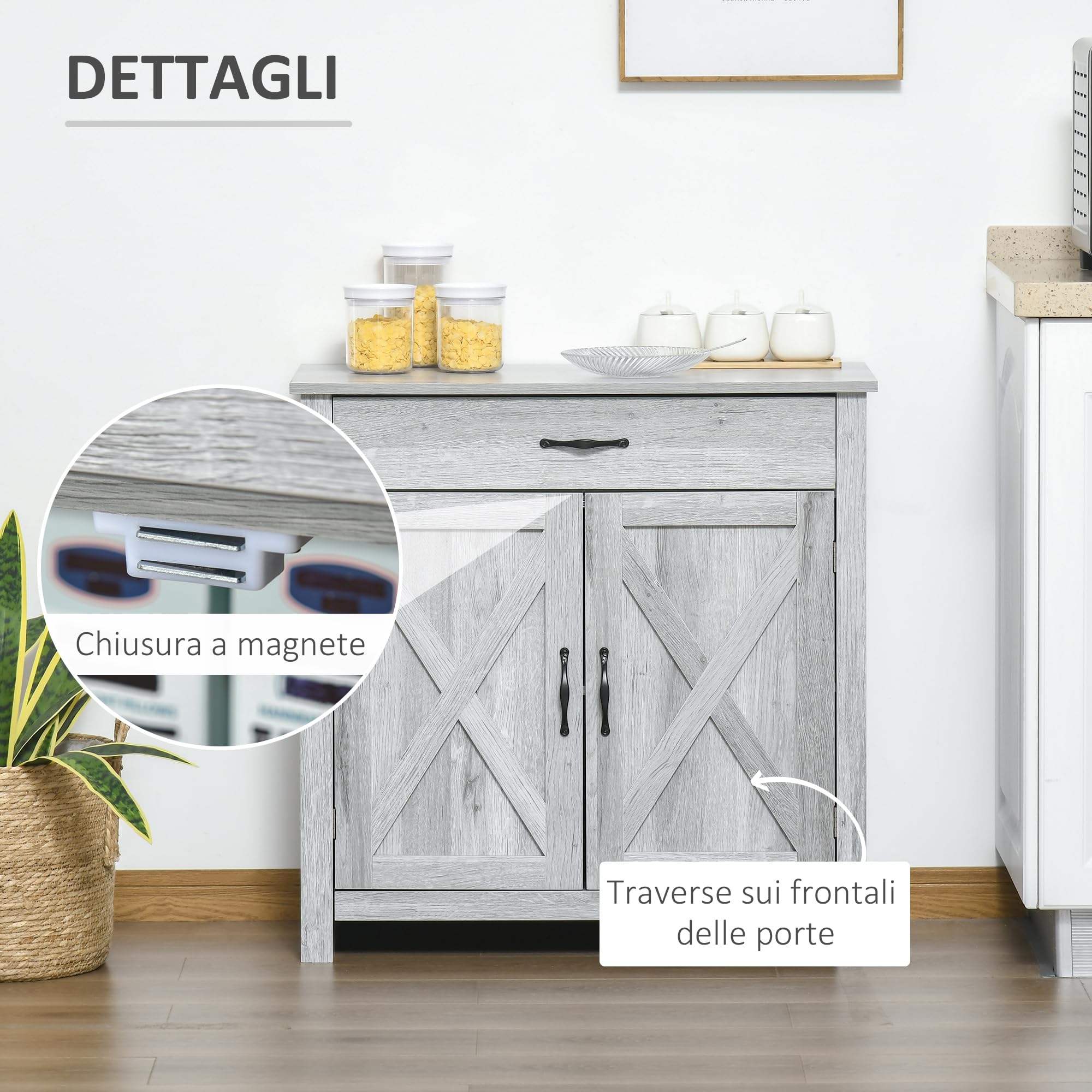 HOMCOM Credenza Cucina, Mobile Cucina con 2 Ante, Ripiani Regolabili e Cassetto, Stile Country, Credenza Buffet per Soggiorno, Salotto, Sala da Pranzo, 80x39.7x80cm, Color Grigio