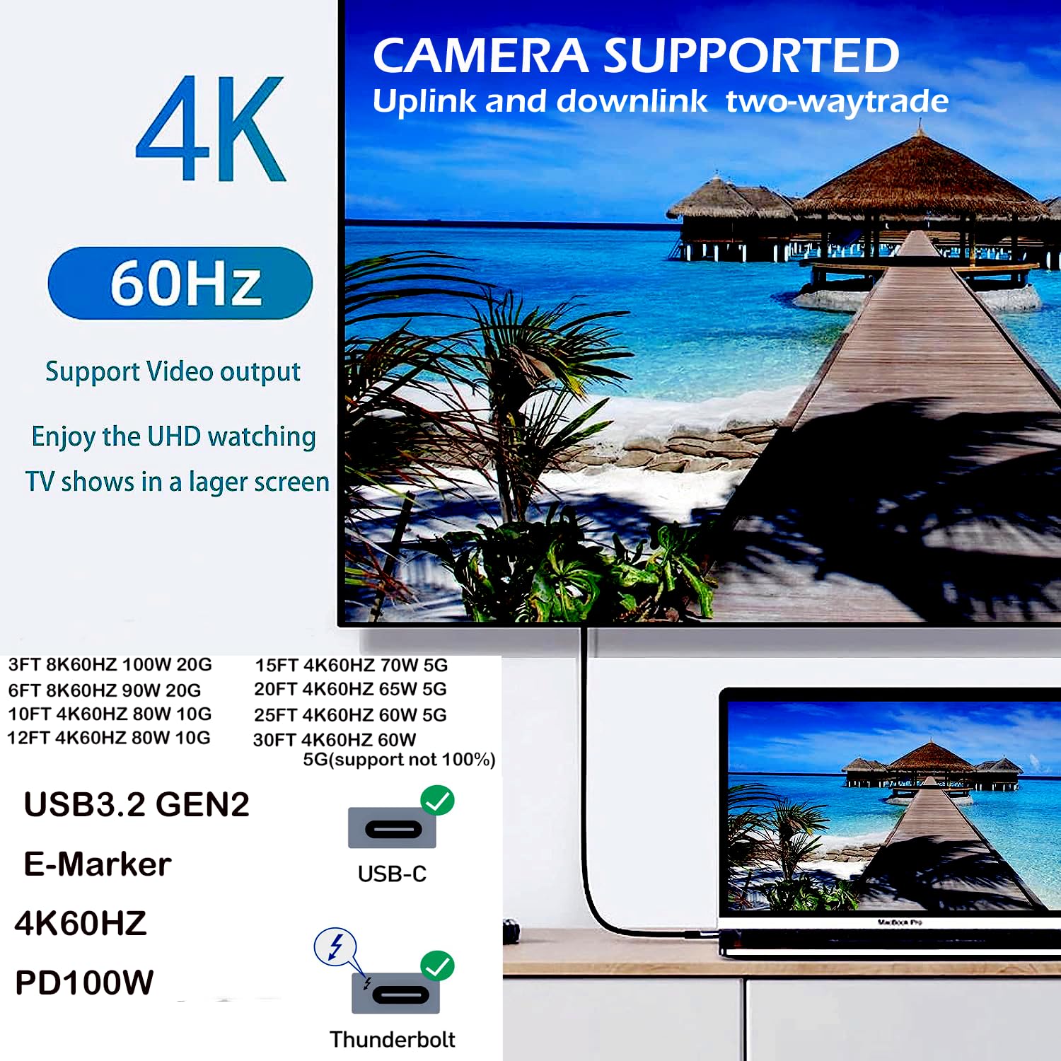 Cable tipo C a C de 40 pies, carga rápida 4K a 60 Hz 100 W, funda de aluminio para transferencia de datos de alta velocidad para monitor portátil Xreal MacBook Pro, iPad Pro, iPhone 15 Pro