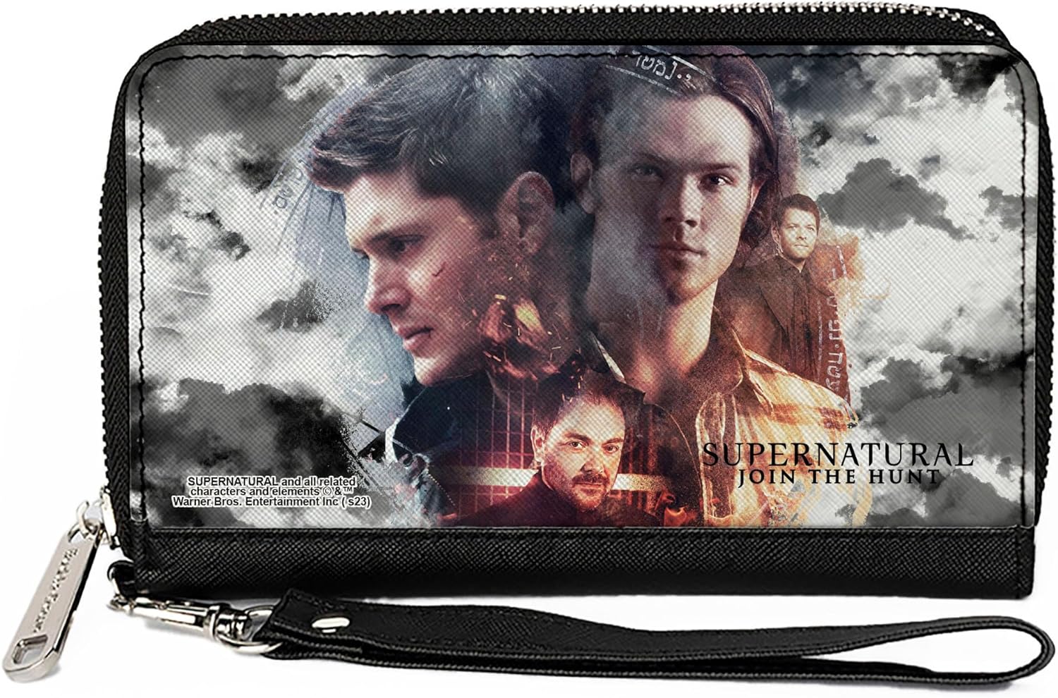 Supernatural Wallet, Zip Around, Supernatural 4-Character Collage in Clouds Grays/Sepia, Vegan Leather