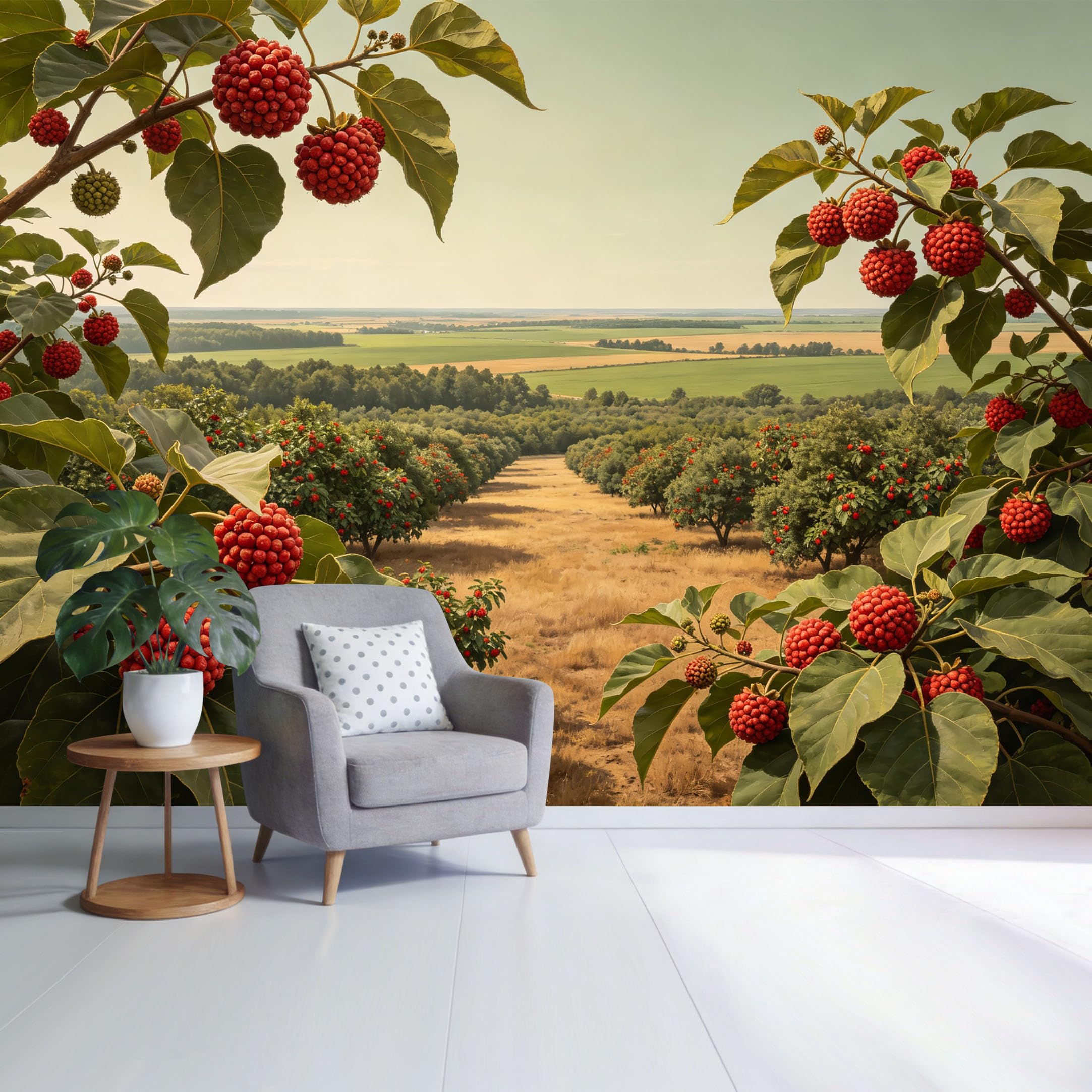Custom Size Wall Mural Botanical Berry Orchard Landscape with Red Fruit Trees and Countryside View SelfAdhesive Wall Fabric Removable Wallpaper for Home Office Decor