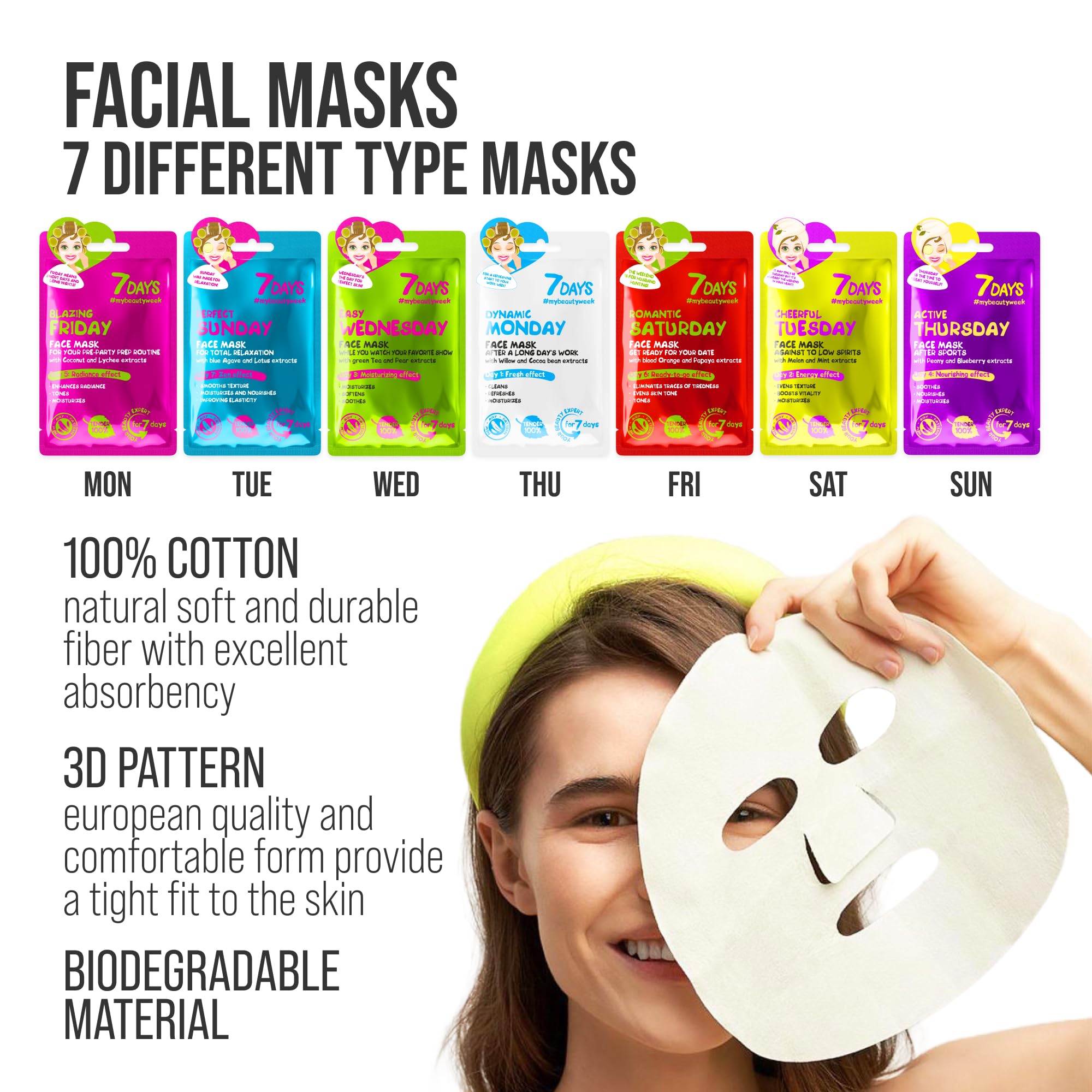 7Days Coffret Cadeau De Soins Pour Le Visage Avec Masques en Feuille - Ensemble De Masques En Tissu Hydratants, Nourrissants Coffret Cadeau Beauté Avec Masque Visage Pour Femmes 7 Pz