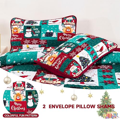 Miniatura 6 de Anibedding Juego de edredón de Navidad tamaño Queen, colcha reversible de 3 piezas con estampado de copos de nieve y renos de Papá Noel con 2 fundas