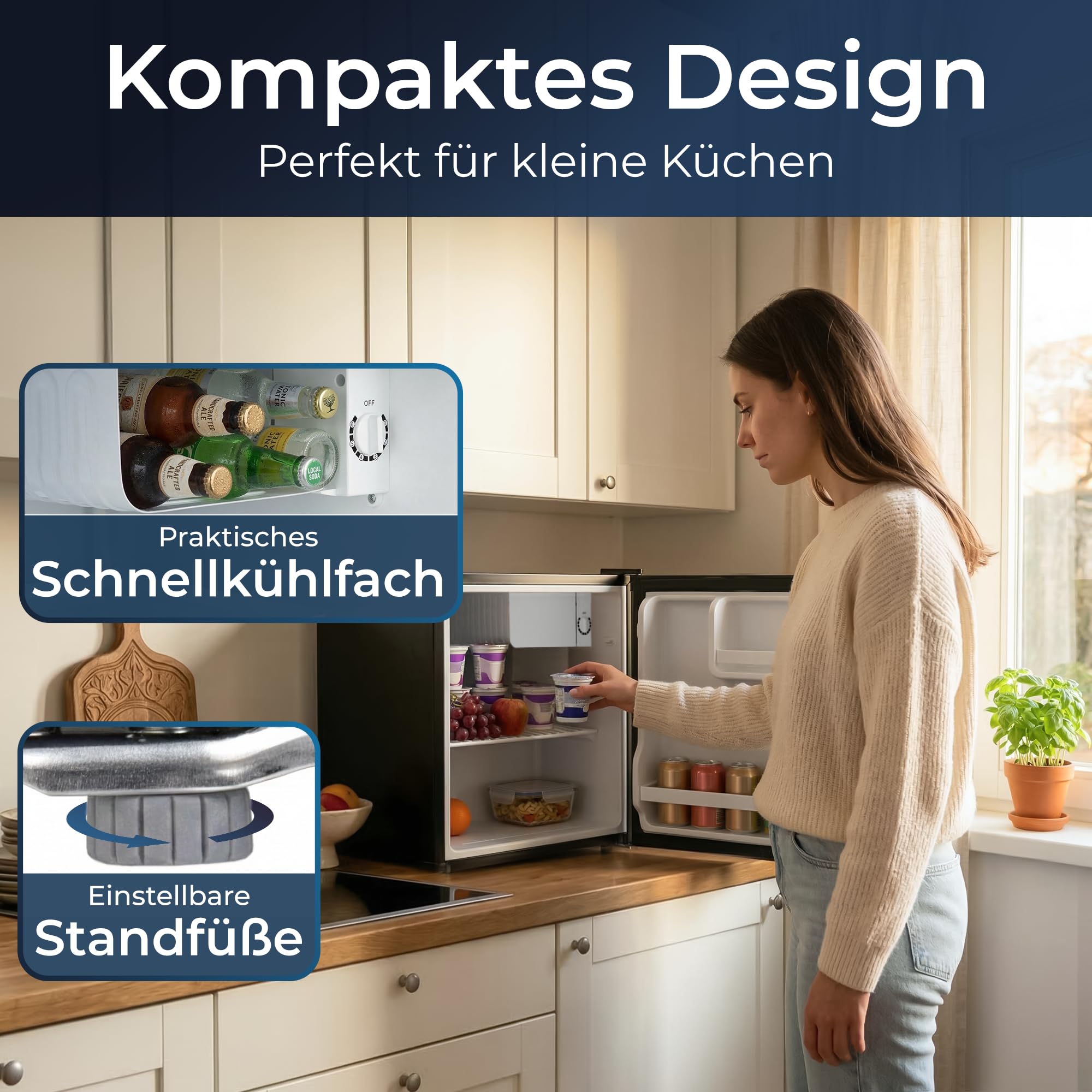 KLAMER Mini Kühlschrank 43 L, Kleiner Kühlschrank Schwarz, 6 Kühstufen, Kompressor, Schnellkühlfach, Herausnehmbares Gitter, Minibar, Kühlschrank Klein