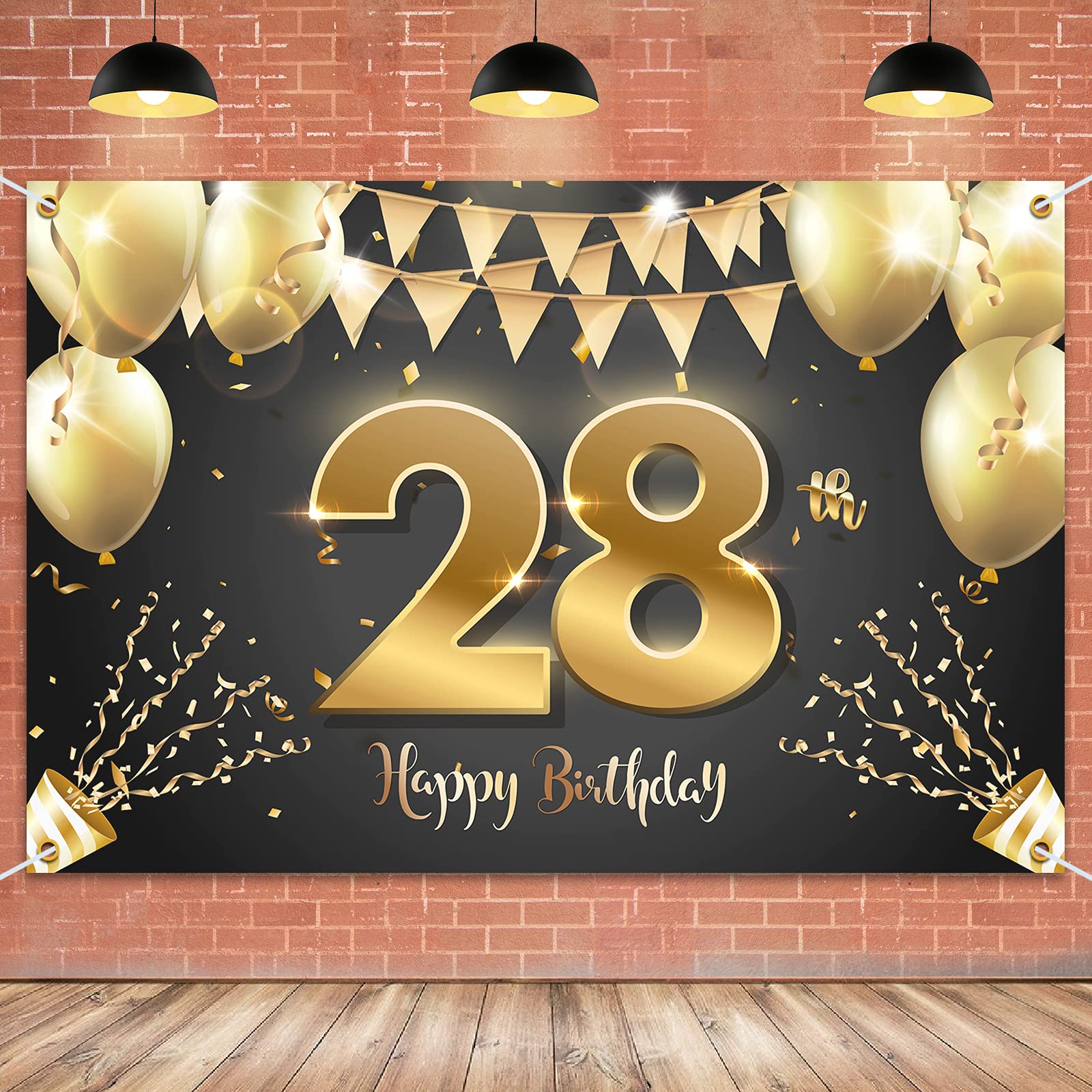 HAMIGAR 6x4ft Happy 28th Birthday Banner Backdrop - 28 Years Old Birthday Decorations Party Supplies for Women Men - Black Gold