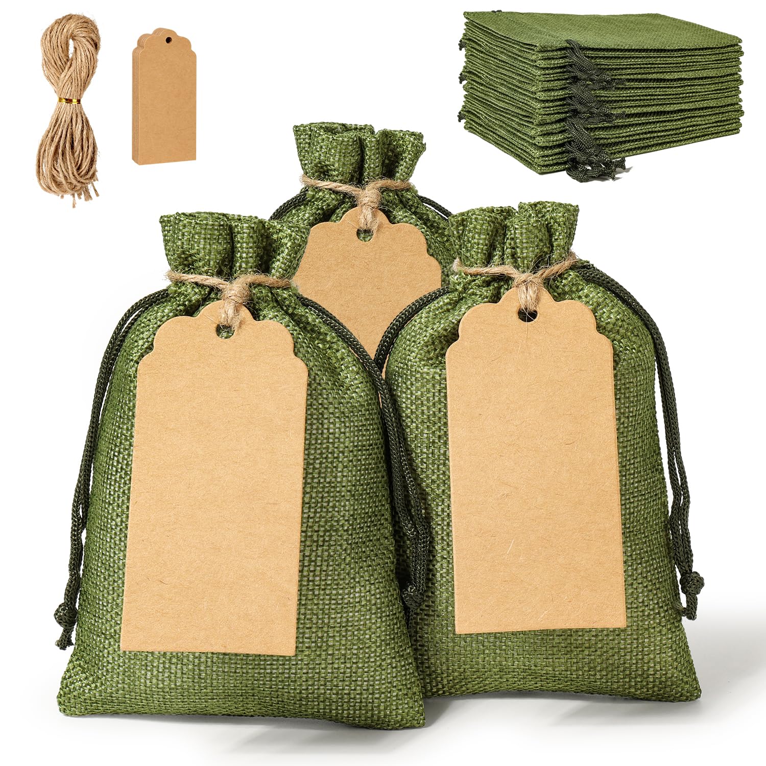 25Pcs Premium Burlap Gift Bags with Drawstring and 25Pcs Gift Tags & String, Green 5X7inch Reusable Linen Sacks Bag for Wedding Favors Party Jewelry