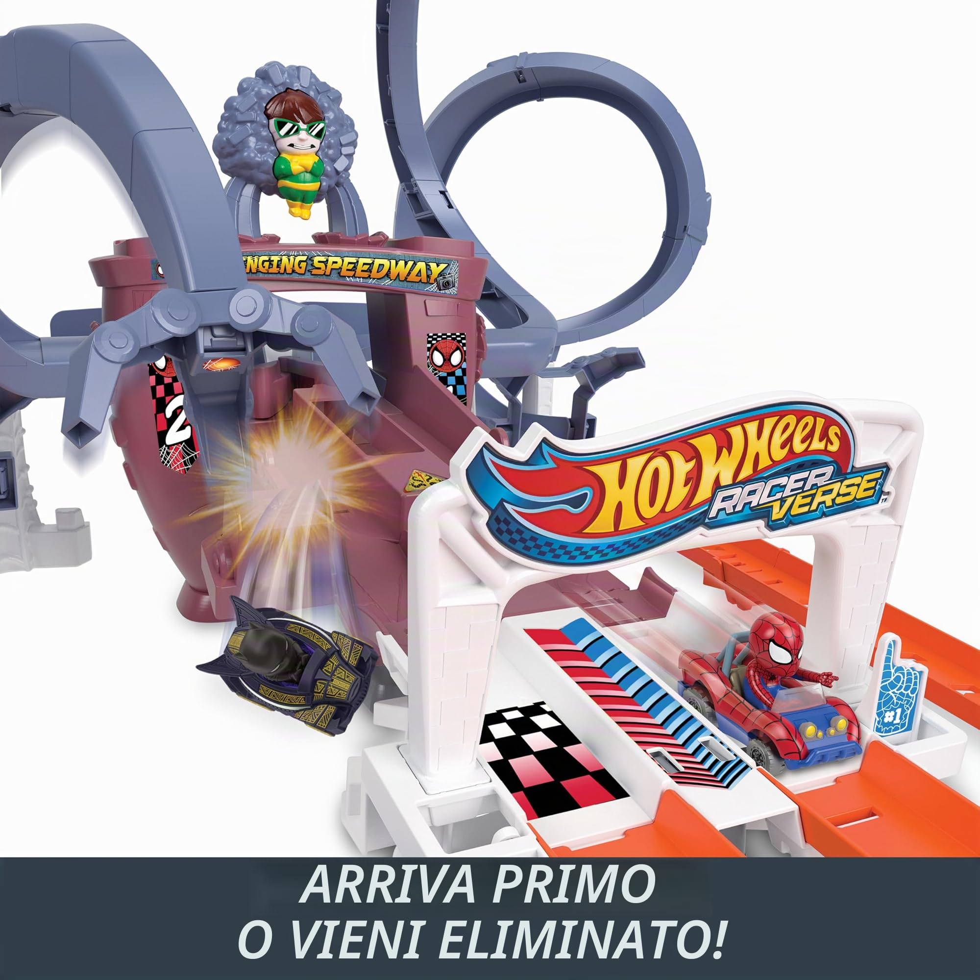 Hot Wheels RacerVerse - Pista ragnatela di Spider-Man, corsa multigiri per sfuggire al Dottor Octopus, include due macchinine di Spider-Man e Black Panther, giocattolo per bambini, 4+ anni, HTM08