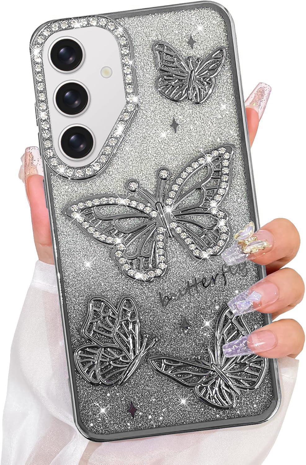 Elzzi Electroplated Butterfly Case for Samsung Galaxy S24, Pearlescent Diamond Soft TPU Shockproof Cover with Camera Protection, Drop-Resistant Stylish Phone Case for Girls & Women (Silver)