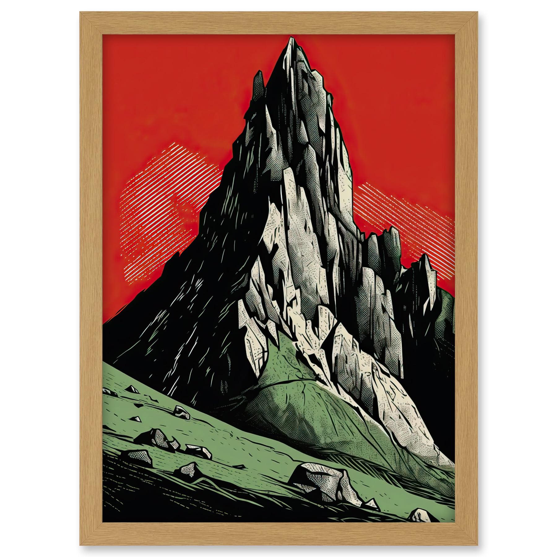 Artery8 Tryfan Mountain Peak Bold Linocut Illustration Artwork Framed A3 Wall Art Print