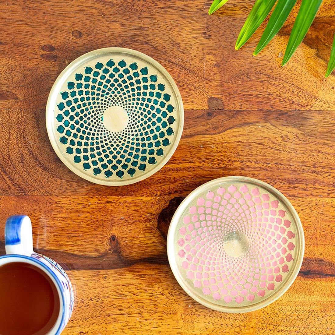 - ExclusiveLane 'Mughal Arc' Hand-Enamelled Pure Brass Coasters for Cups Tea Coasters for Glasses Dining Table Coaster for Hot Pots Coasters for Office Tableware (Set of 2)