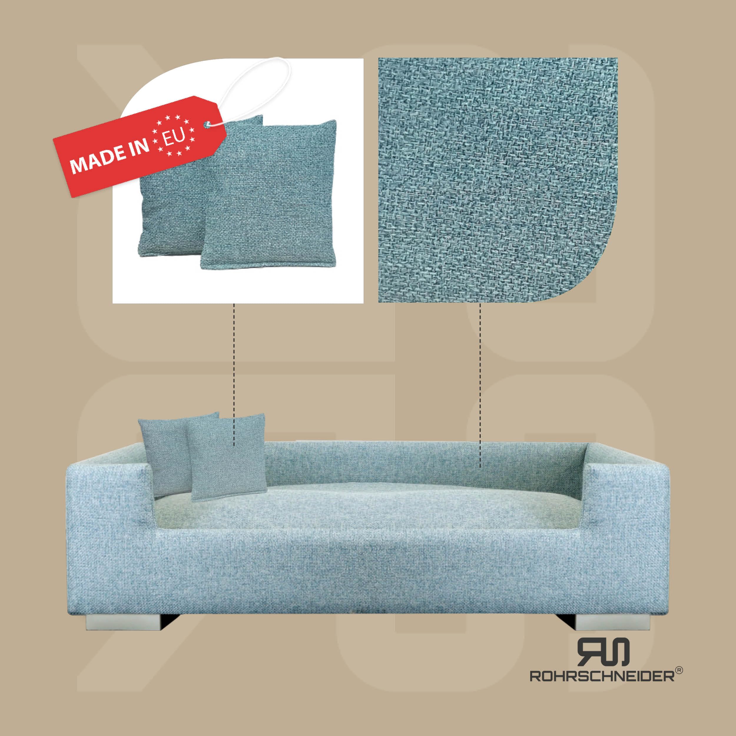 Rohrschneider Sofá para perros, cama para perros medianos y grandes, lavable, tejido acolchado resistente, 100% poliéster, turquesa, 90 x 57 x 26 cm, incluye 2 cojines decorativos