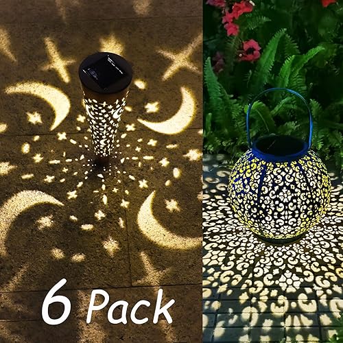 Paquete de 6 luces solares decorativas para exteriores con forma de estrella y luna, 1 farol solar para exteriores