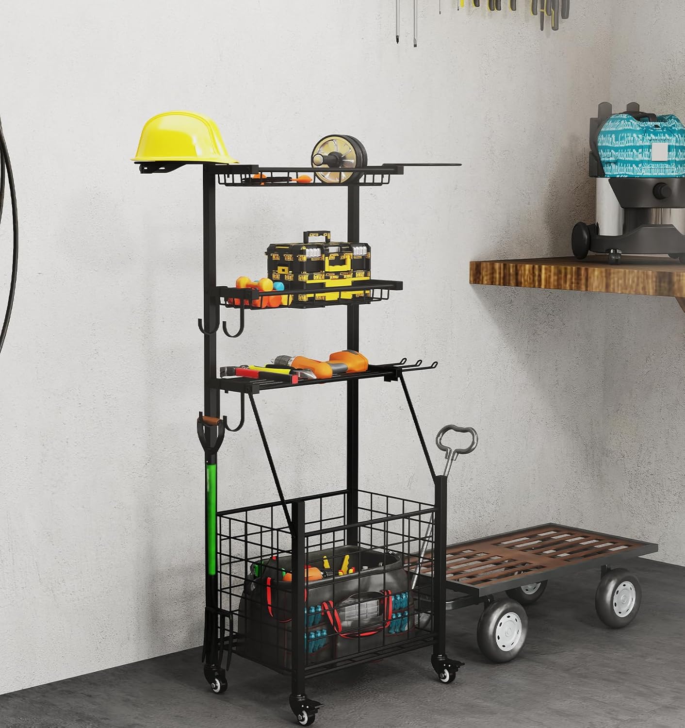 Sports Equipment Garage Organizer with Baseball Bat Holder and Hooks,Garage Ball Storage for Sports Gear and Toys, Rolling Ball Cart with Wheels for Indoor/Outdoor Use