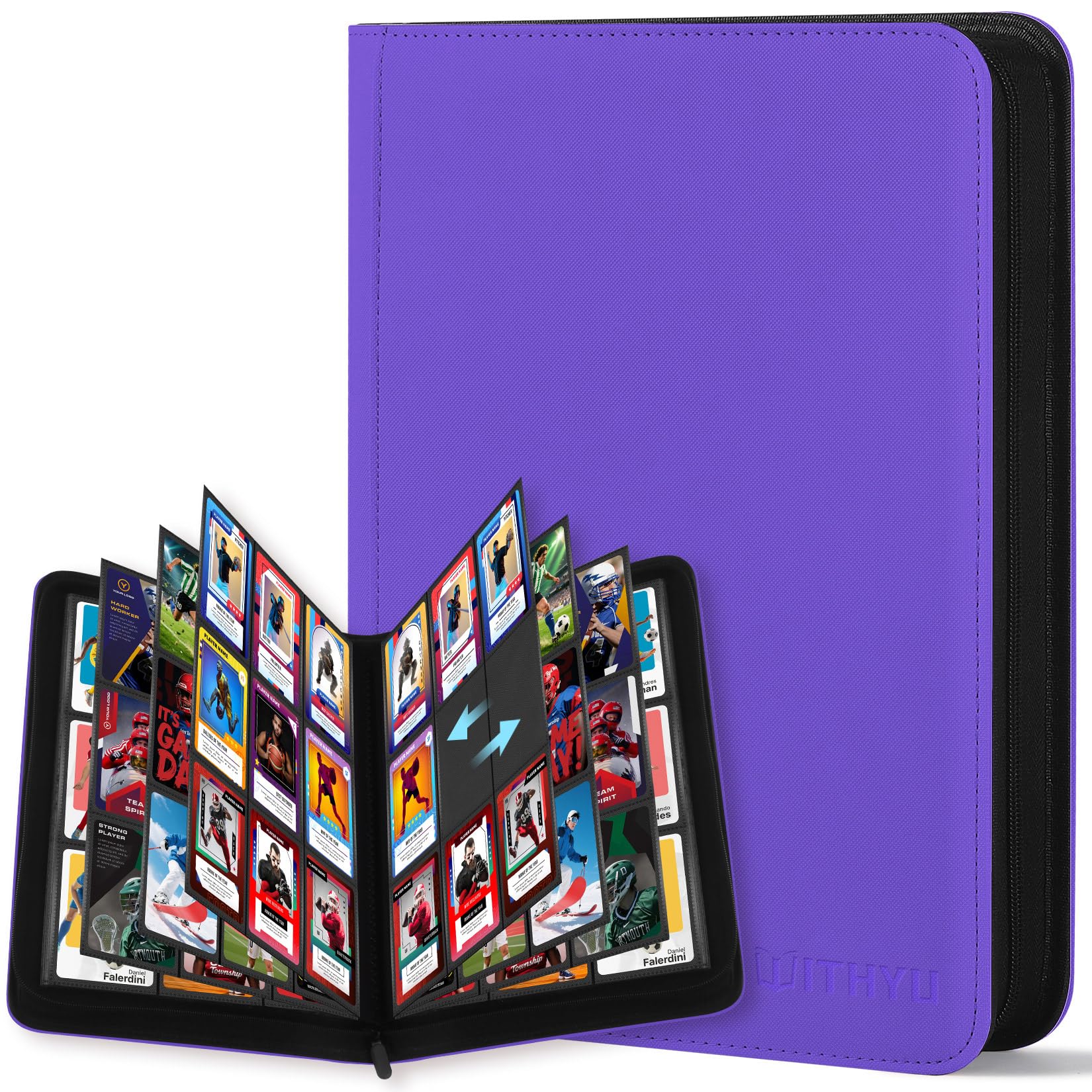 WITHYU 9 Album Collezionista per Carte - 540 Carte Capacità, Portacarte Impermeabile e Antigraffio con Inserimento Laterale per TCG/Sport, Design Senza Anelli e Cerniera (Viola)