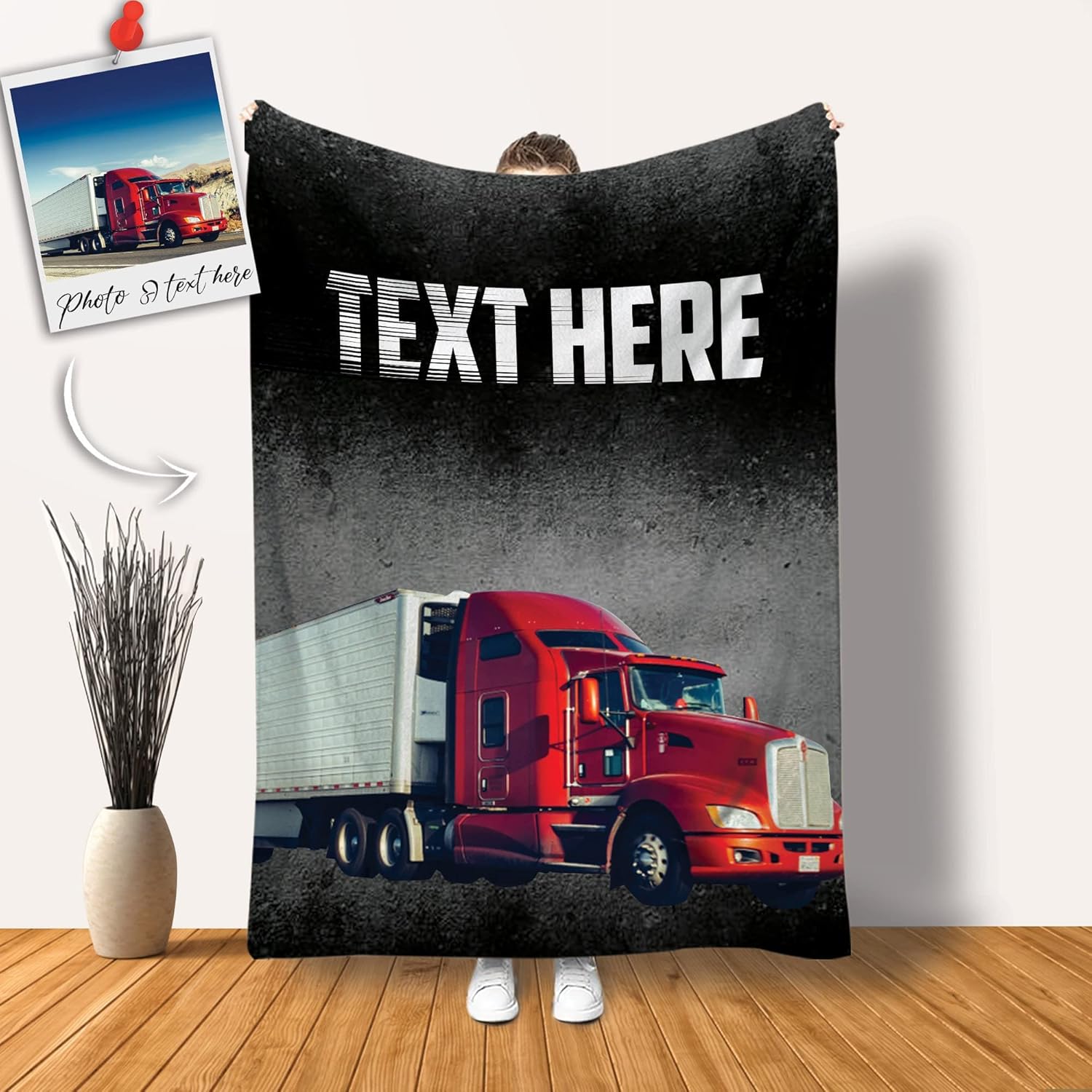 Ewan Personalized Truck Photo Blanket, Custom Car Sherpa Fleece Throw, Unisex Gifts for Trucker, Machine Washable, 40x30 inches, Multi 6, 10mm