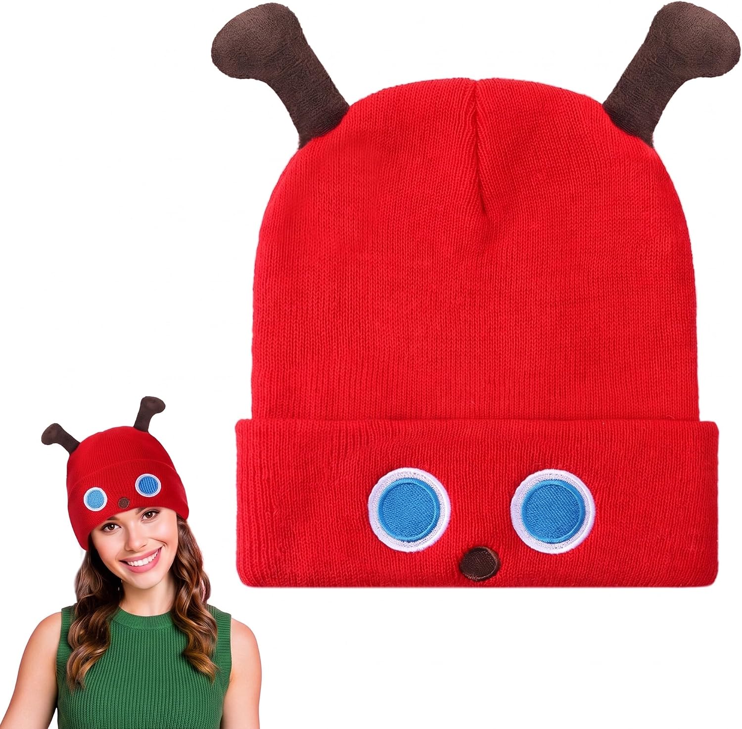 Caterpillar Themed Beanie for Adults Red Cuffed Beanie Book Character Costumes for Cosplay Photo Prop World Book Day Reading Week Party Warm Knitted Hat