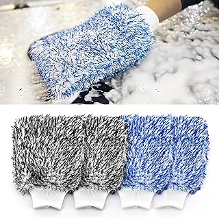ROUDJER Car Wash Mitt,Microfiber Wash Mitt Scratch,4 Pack Microfiber Ultra Absorbent Non Scratch Car Wash Kit for Cars Motorcycles SUV Trucks Boats (Black + Blue)