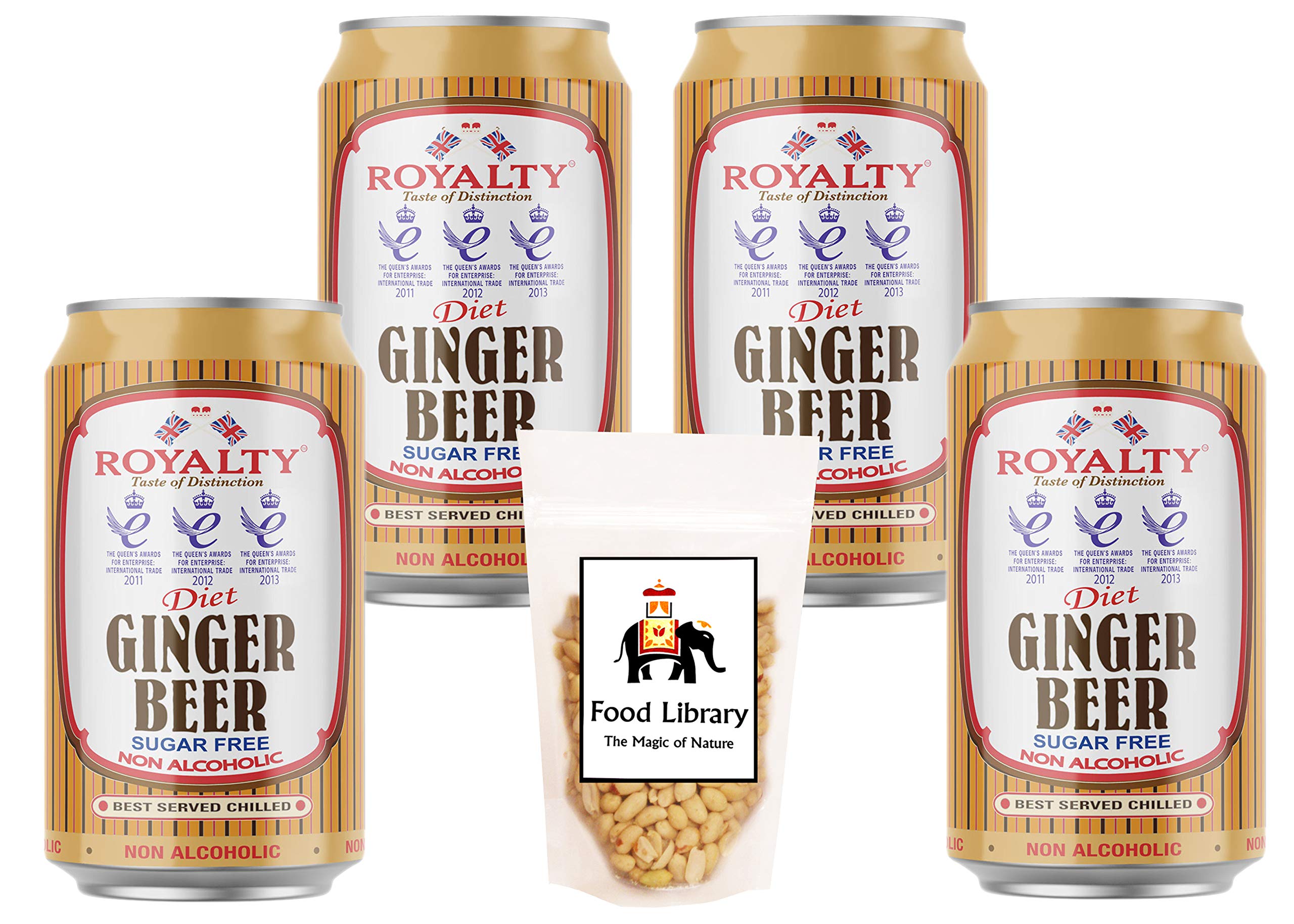 Food Library The Magic of Nature Combo of Royalty Non Alcoholic Diet Ginger Beer Can, 330ml (4 Pack) with Roasted Salted Peanuts, 200 g