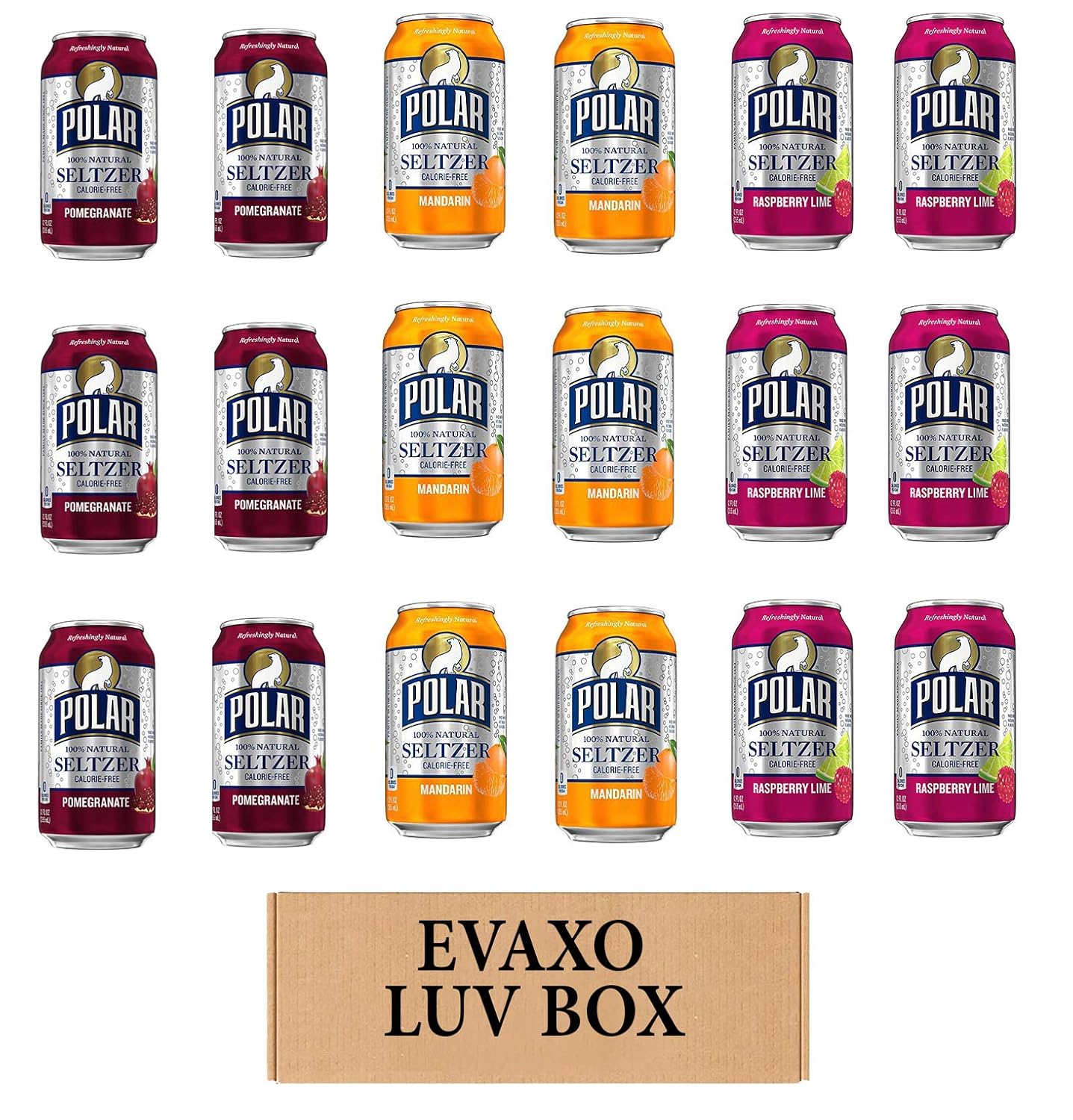 LUV BOX - VARIETY POLAR SELTZER WATER, 12oz CANS, PACK OF 18, POMEGRANATE, RASPBERRY LIME, MANDARIN ORANGE by evaxo