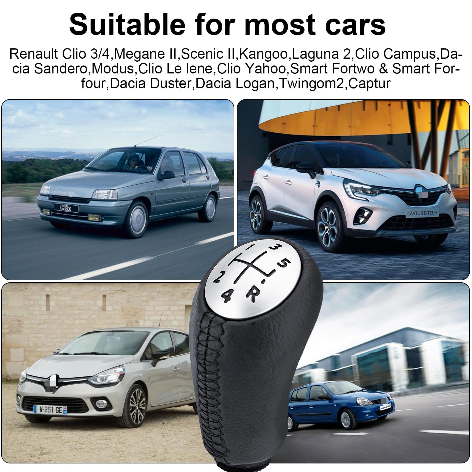 OBEST Gałka zmiany biegów do samochodu dla Renault Clio 2 3 2005-09 Clio 4 2012-19 Megane 2 Laguna 2 2003-09 Kangoo, Scenic 2 Dacia miękka skóra ręczna dźwignia samochodowa z adapterem