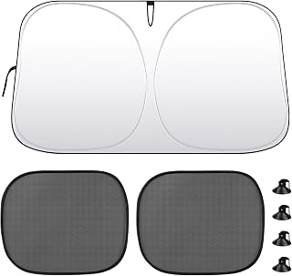 Universal Fit Windshield Sun Shade, Reflective Fabric Car Sun Visor, Folding Windshield Sunshade for Cars, SUVs, Trucks, Easy to Install and Store (F)