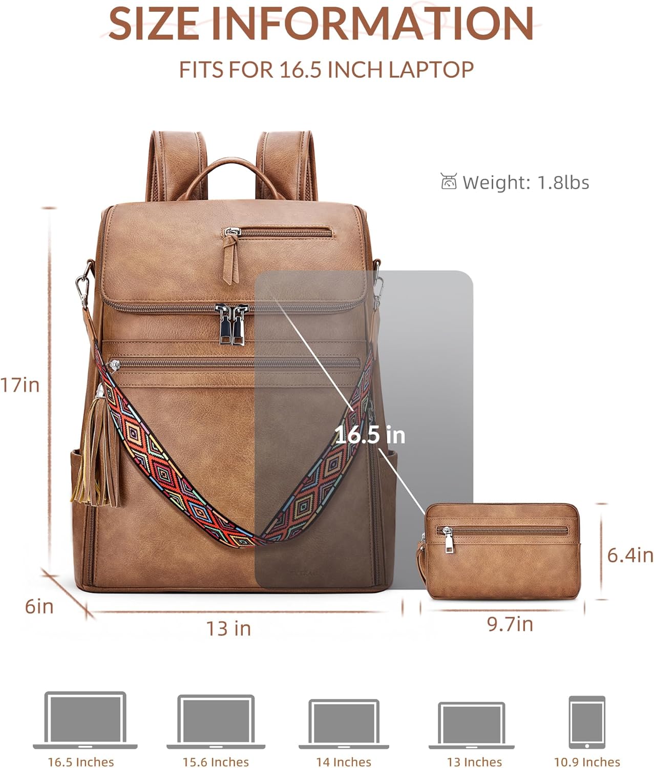 SYTRAH Leather Laptop Backpack for Women Designer Laptop Bag, 16.5 inch Travel Computer Backpacks Purse with Tassel for Work Business with Satchel Purse Brown - Image 4