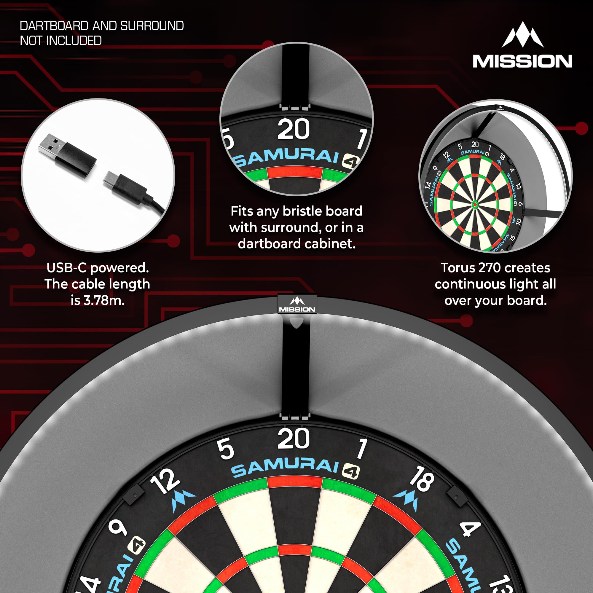 Mission Darts TOR270 Torus 270 | Dartscheibe LED Beleuchtungssystem mit leicht zugänglichem Bereich für uneingeschränktes Spielen, sandgestrahlt schwarz