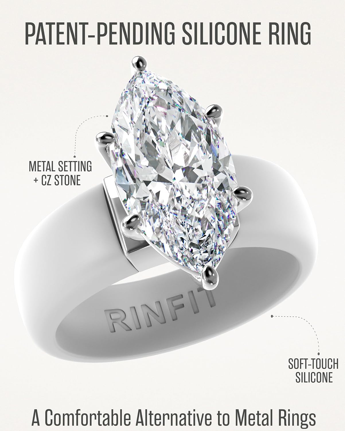 Rinfit Silicone Ring with Stone - Marquise Cut Cubic Zirconia Solitaire Engagement Ring for Women - Rubber Wedding Bands - Patent Pending
