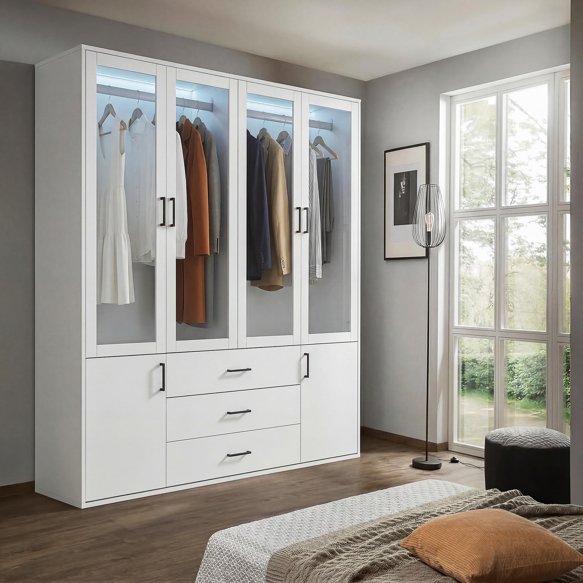 Armadio bianco con LED, 160 cm di larghezza, con porte girevoli, 4 ante in vetro, 2 porte, 3 cassetti, appendiabiti, armadio moderno, per camera da letto