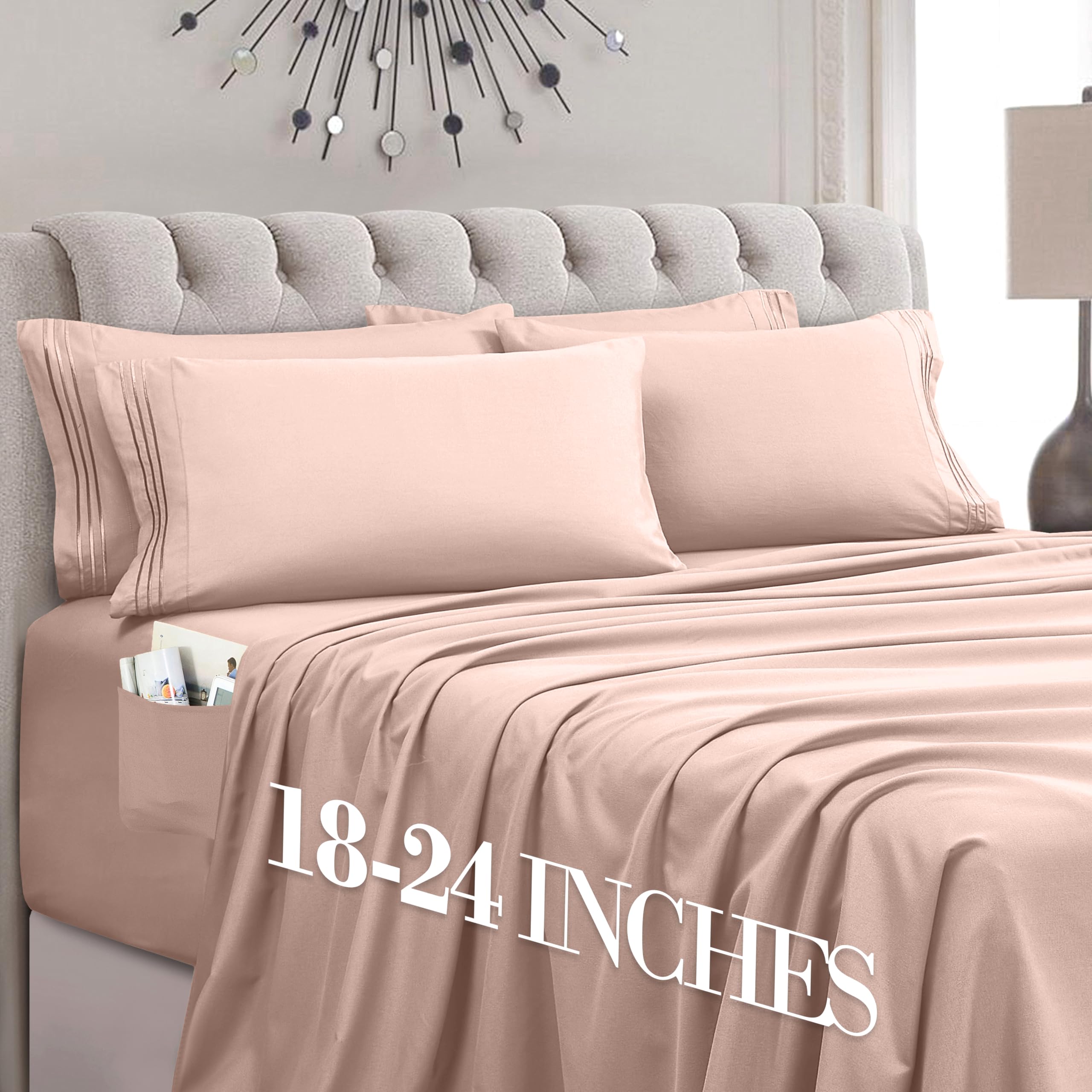 Mocassi Luxury 6-Piece Sheet Set, Ultra Soft 1800 Premium Hotel Quality Microfiber Sheet Set, Fits Mattresses Up to 18 to 24 Inches Extra Deep Pocket - Breathable and Secure Fit, King, Blush