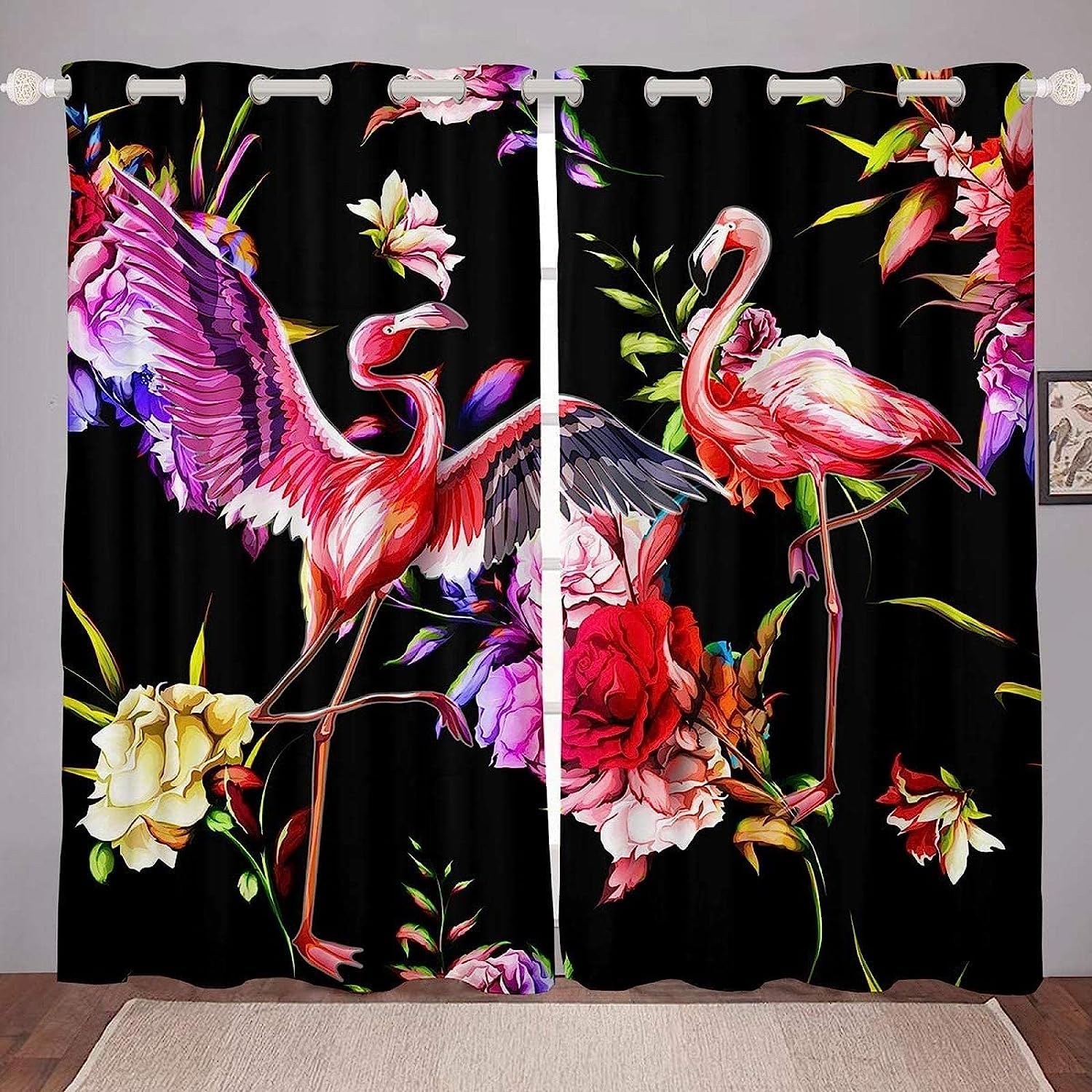 Rideau occultant thermique oeillets impression fleurs oiseaux 3D polyester