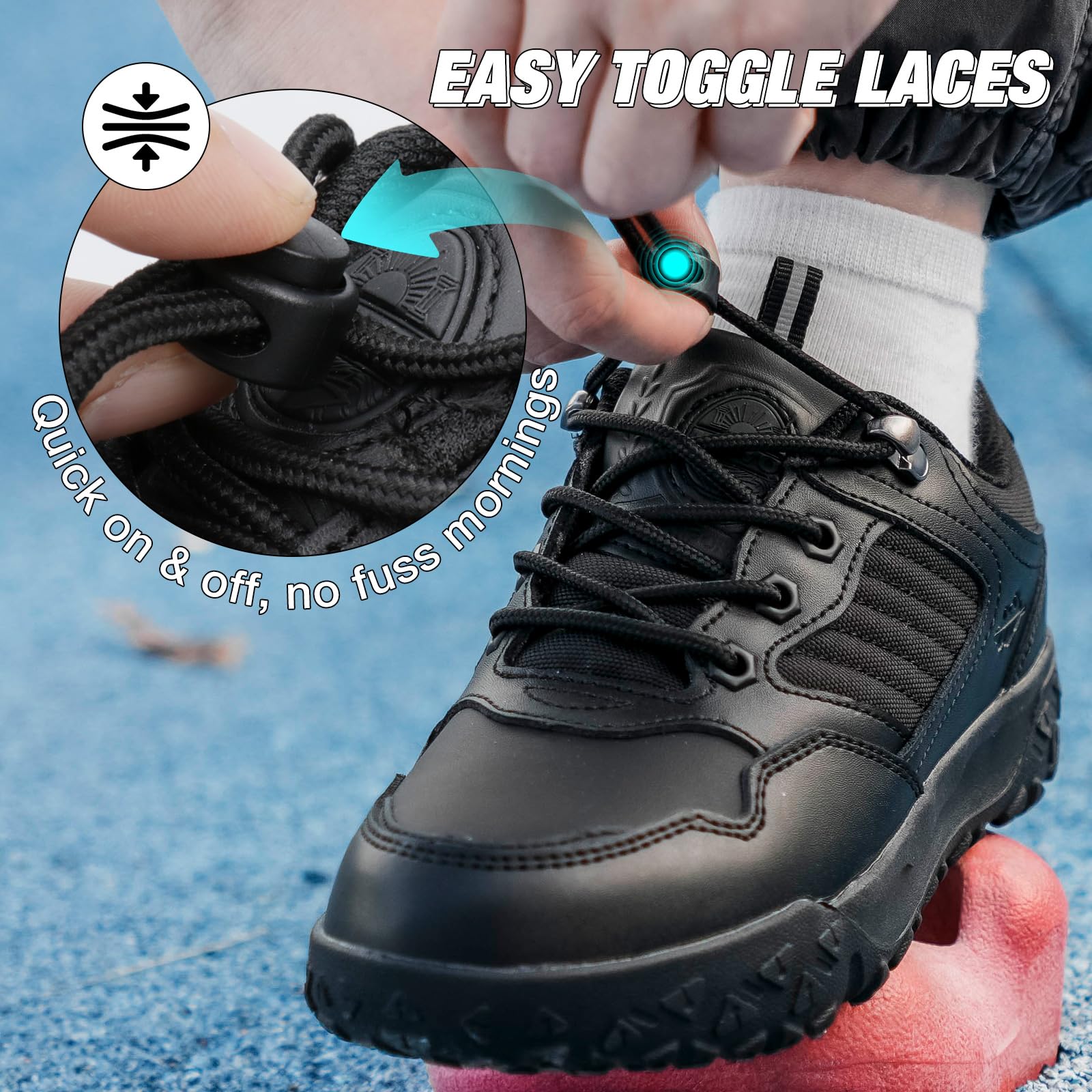 UOVO Zapatos escolares de cuero negro para niños, zapatillas para caminar al aire libre con parte superior repelente al agua, suela de goma antideslizante, cordones fáciles de tocar, talla 34-43