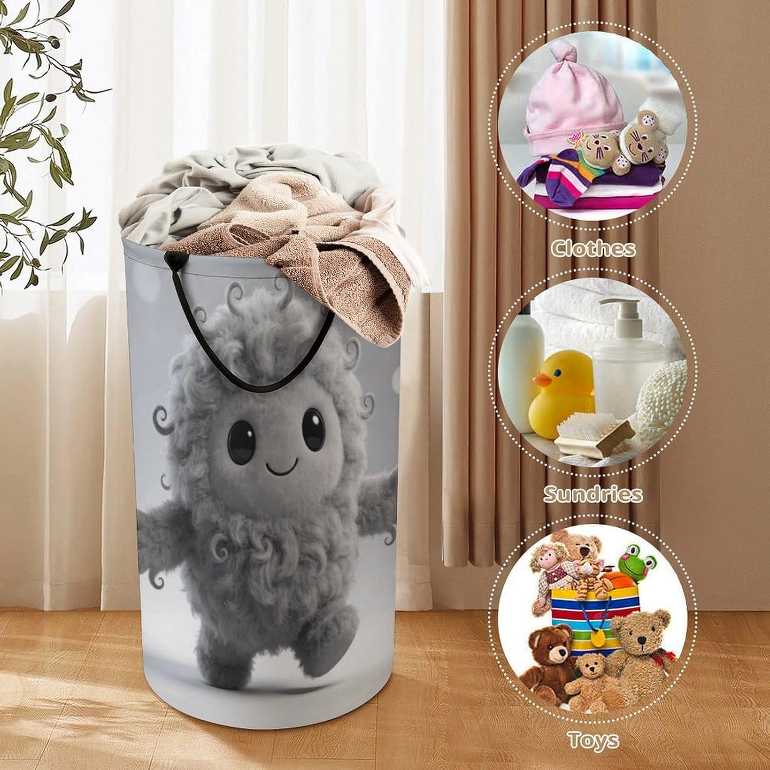 Grey Villi Laundry Hamper with Handles Waterproof Collapsible Laundry Basket Large Lightweight Round Dirty Clothes Hamper for Home Dorm Bathroom Decor