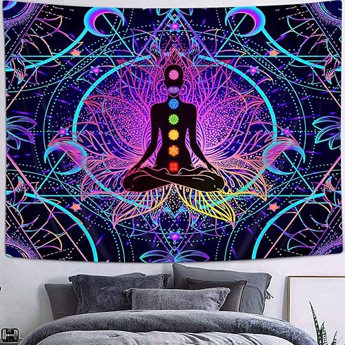 Miniatura 7 de JAWO Tapiz de 7 chakras con luz negra, decoración zen, yoga reactivo a los rayos UV, decoración zen, mandala hippie bohemia, tapices espirituales