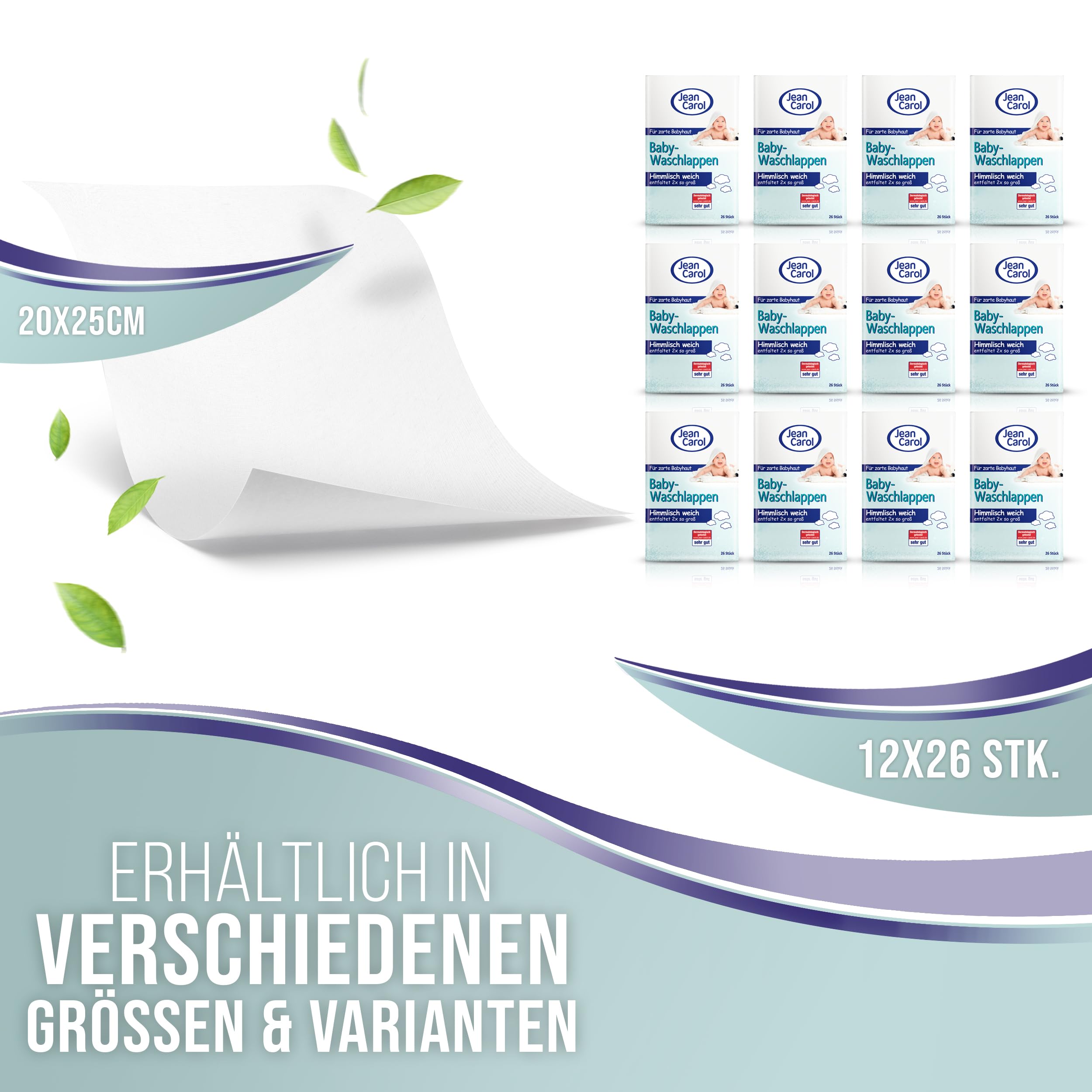 Jean Carol Baby-Waschlappen, weich & zart, Vorteilspackung (12 x 26 Stück) für die tägliche Pflege
