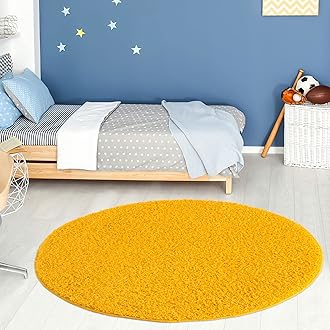 THE RUGS Living Room Rug - Shaggy Soft And Elegant Carpets For The Bedrooms And Kitchen, Easy To Clean, Many Different Sizes (120 cm Round, Yellow)