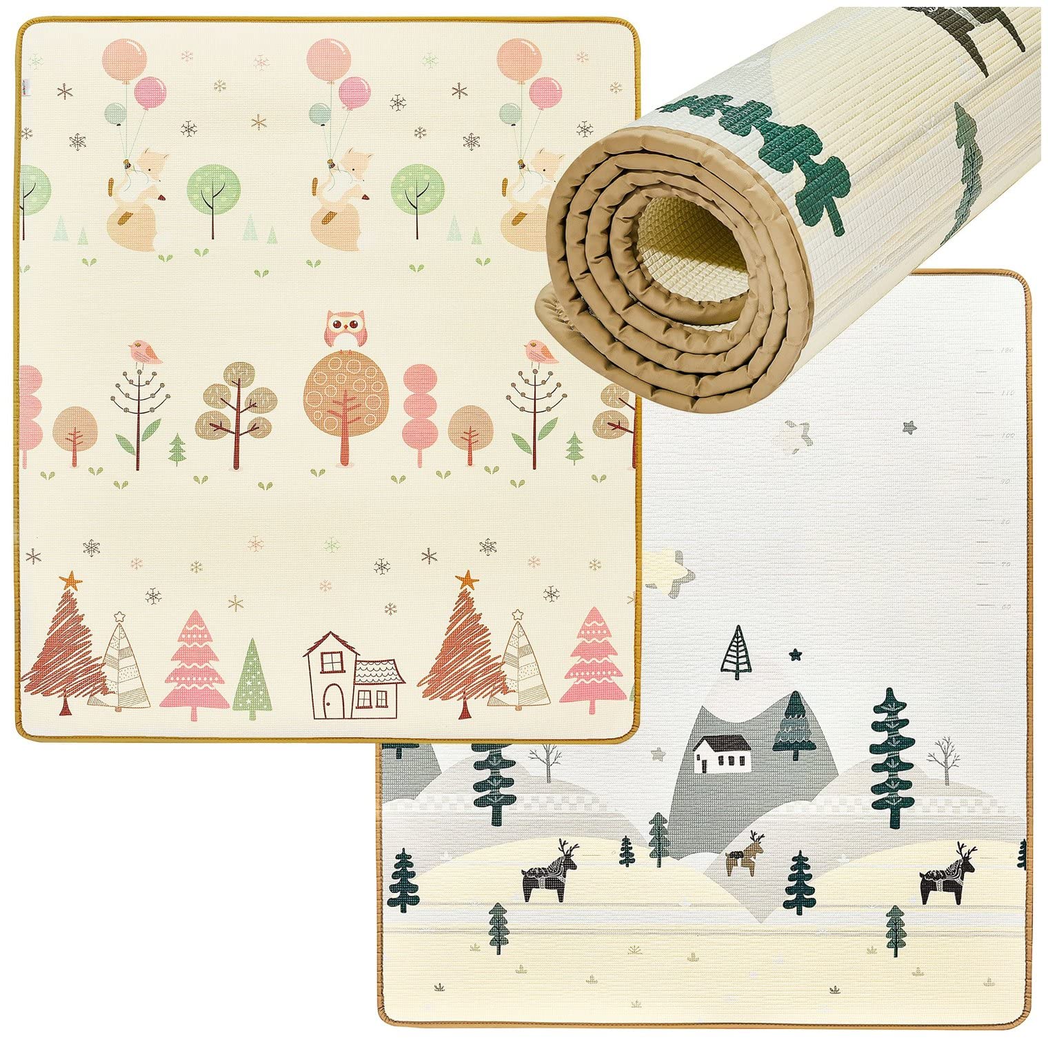 Mamabrum Alfombra Juegos Bebé Acolchada 180 x 150 cm - Alfombra Juegos Bebé Plegable Doble Cara con Diseño de Bosque y Montañas - Impermeable, Antideslizante y Antibacteriana