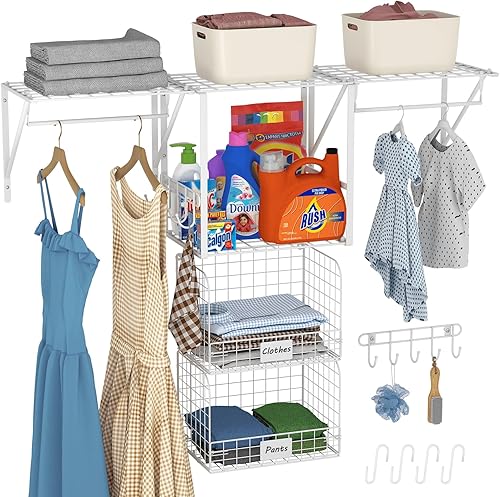 Paquete de 3 estantes de lavandería montados en la pared con cestas de almacenamiento de alambre, estantes para lavadora y secadora con varillas y
