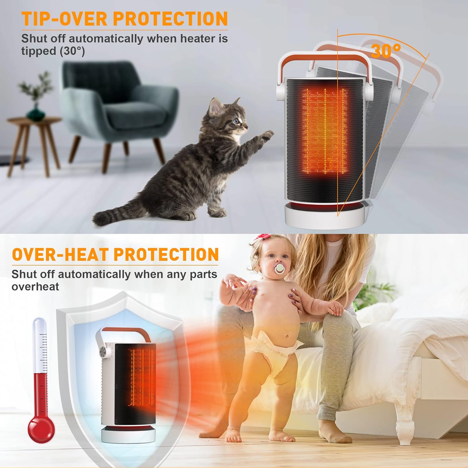 review Electric Space Heater, 70° Oscillating with 1500W/750W PTC Fast Heating Portable Safe and Quiet Heater with Tip-Over and Overheat Protection Heat Up 200 Square Feet for Office Room Desk Indoor Use