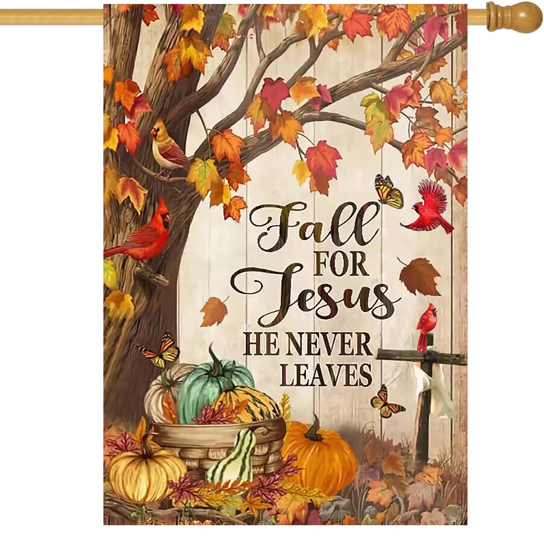 Fall Tree Cardinal House Flag 28x40 Double Sided, Fall for Jesus He Never Leaves Large Garden Flags for Outside Decor, Autumn Thanksgiving Holiday Yard Flag Outdoor Seasonal Decorations for Home
