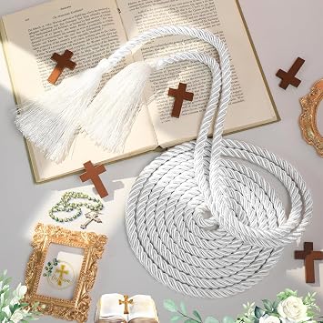 153 Inch Cincture Clergy Rope Monks Religious Rites Celebrating Masses Alba Robes Vestments Ceremonial Jesus Costume Christian Denominations for Priest Deacon Altar Server(White,Tassel)