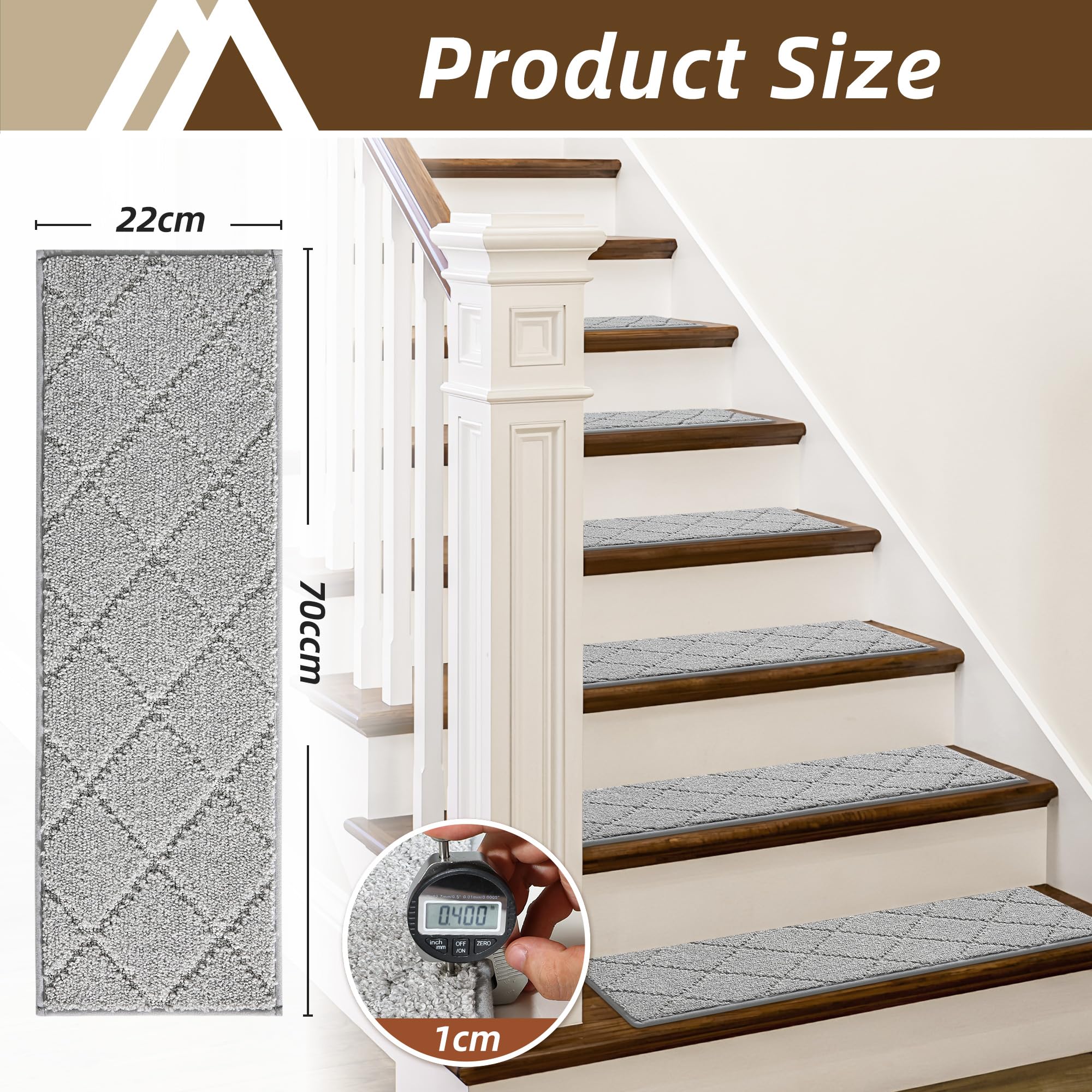 COSY HOMEER Tappetini Per Gradini Interni, 70 x 22 cm, 15 Pezzi, Autoadesivi Tappeto Per Scale Antiscivolo Retro in TPE Lavabili in Lavatrice 100% Poliestere Per Bambini Anziani e Cani, Grigio