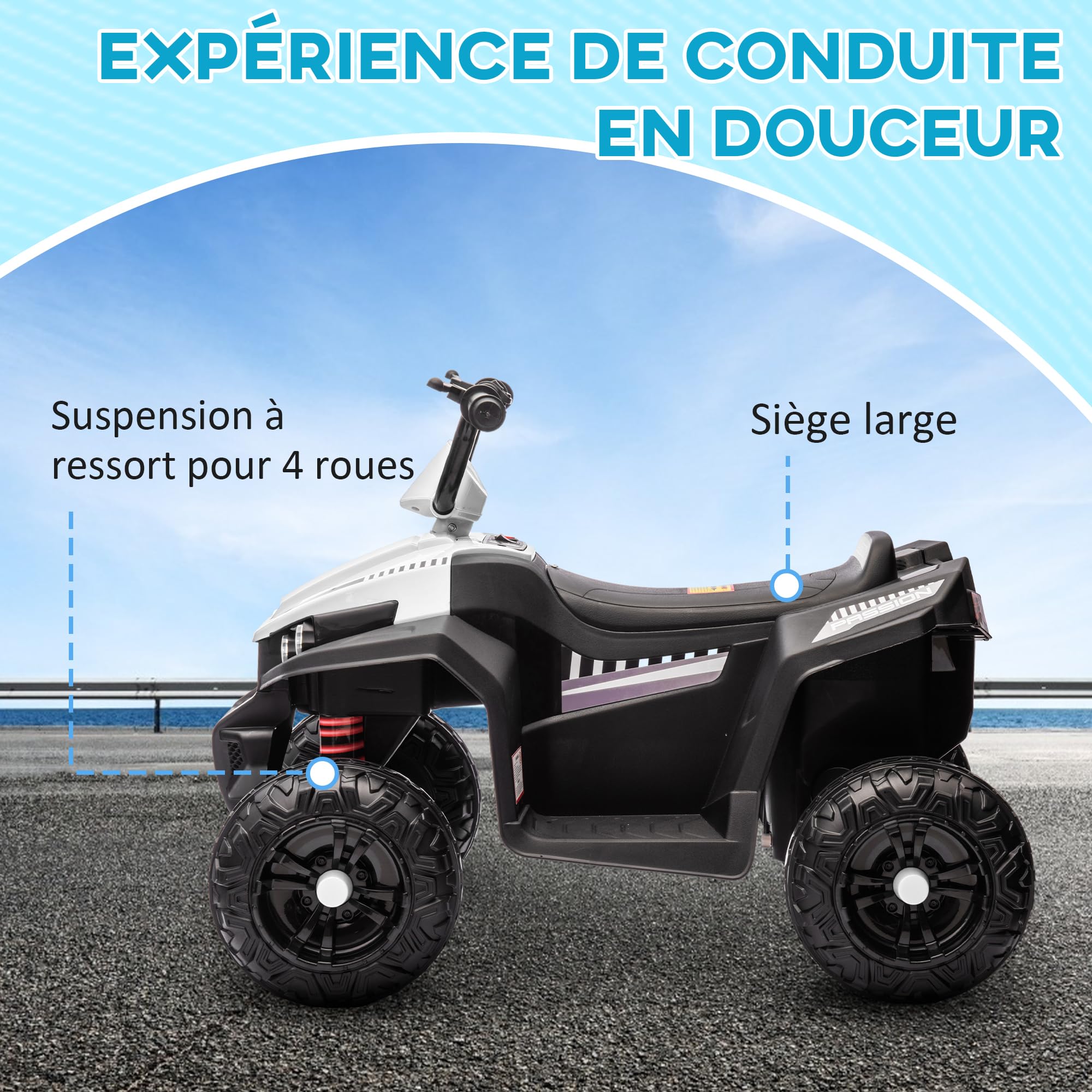 AIYAPLAY Elektryczny Quad dla Dzieci 12V - 2 Silniki, Prędkość 5 km/h, Bieg do Przodu i z Tyłu, Reflektory LED, Klakson, MP3, 37-60 Miesięcy, Biały
