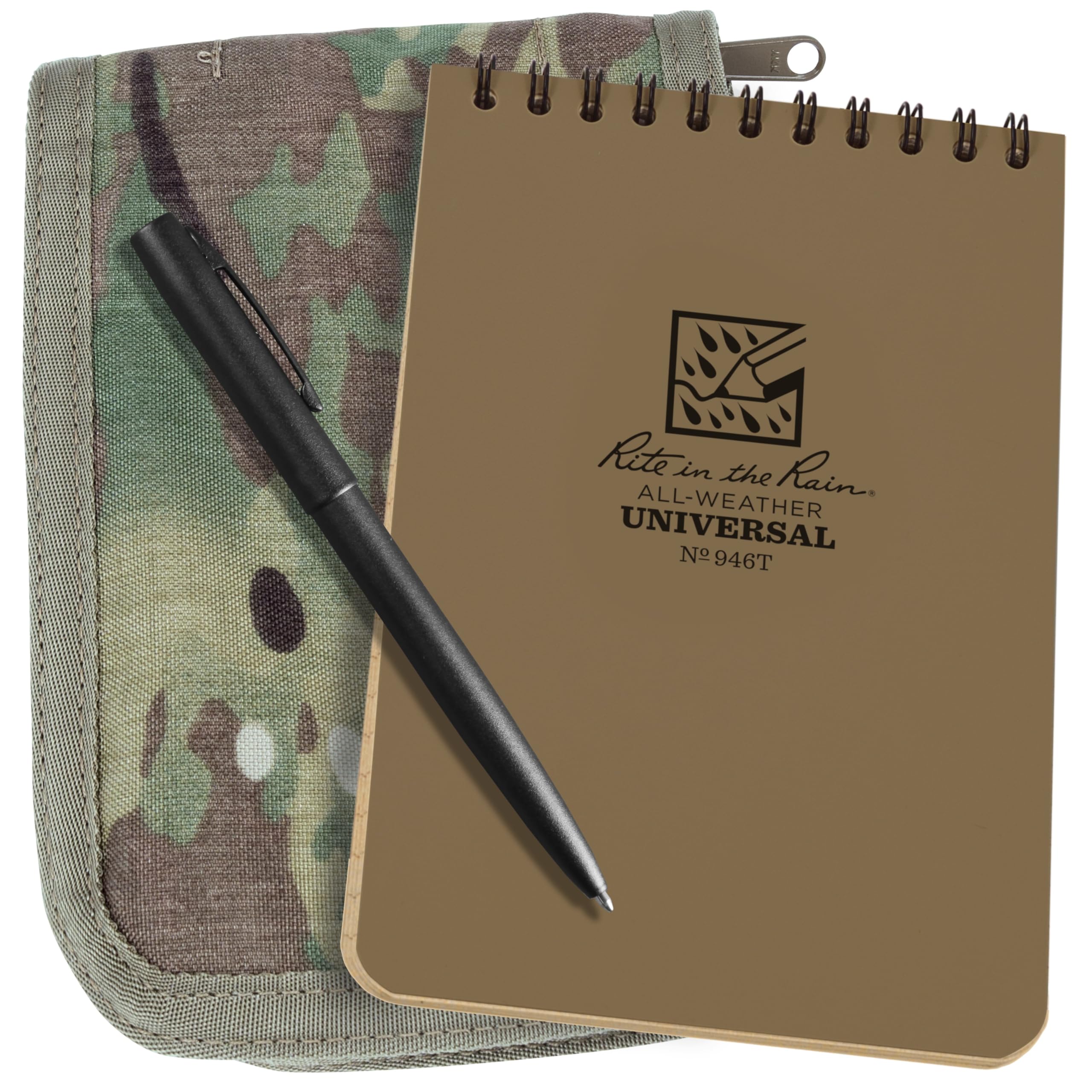 Rite in the Rain Weatherproof 4" x 6" Top Spiral Notebook Kit: Multicam Cordura Fabric Cover, 4" x 6" Tan Notebook, and Weatherproof Pen (No. 946M-KIT)