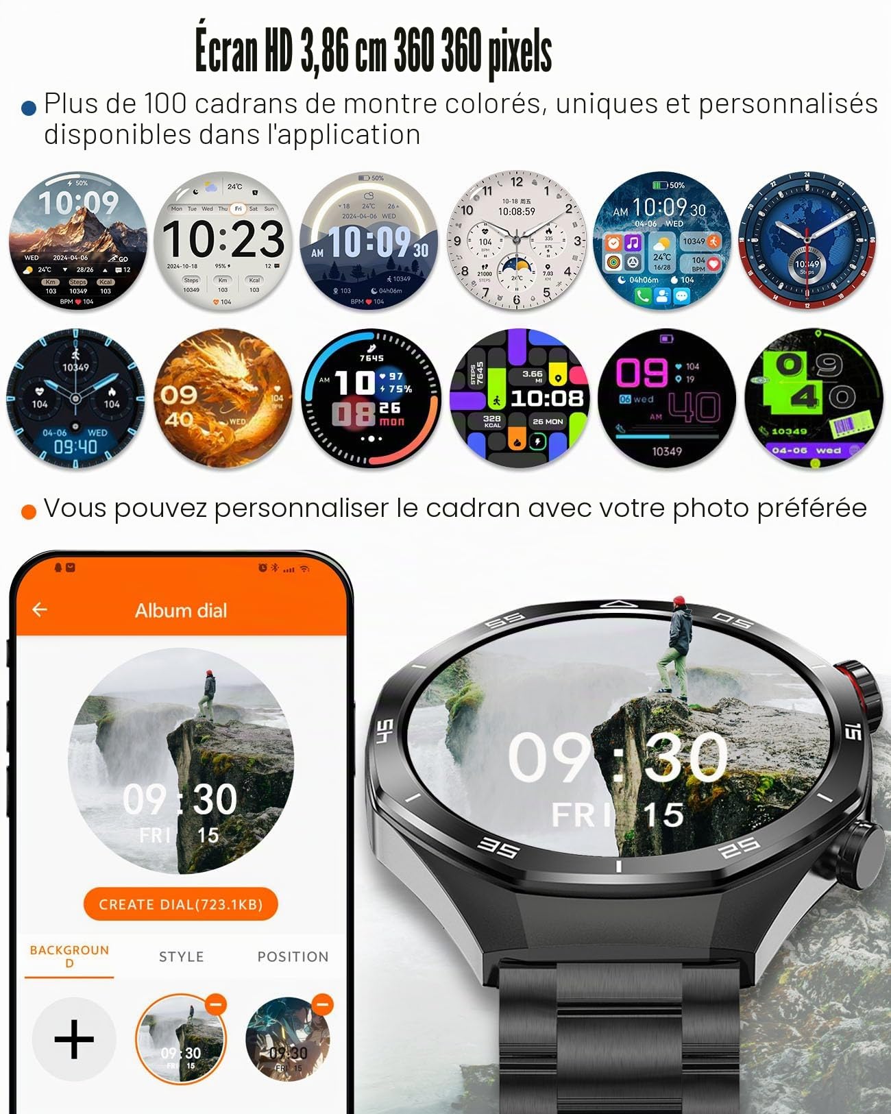 Montre intelligente homme Traqueur fitness Bluetooth Étanche IP67 Écran tactile HD 1,54" Fréquence cardiaque/pression artérielle