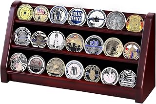 Challenge Coin Display Case, 3 Rows Solid Wood Military Coin Holder Rack Stand Holds 20 Coins for Desk or Wall Mount (Mahogany Finish)