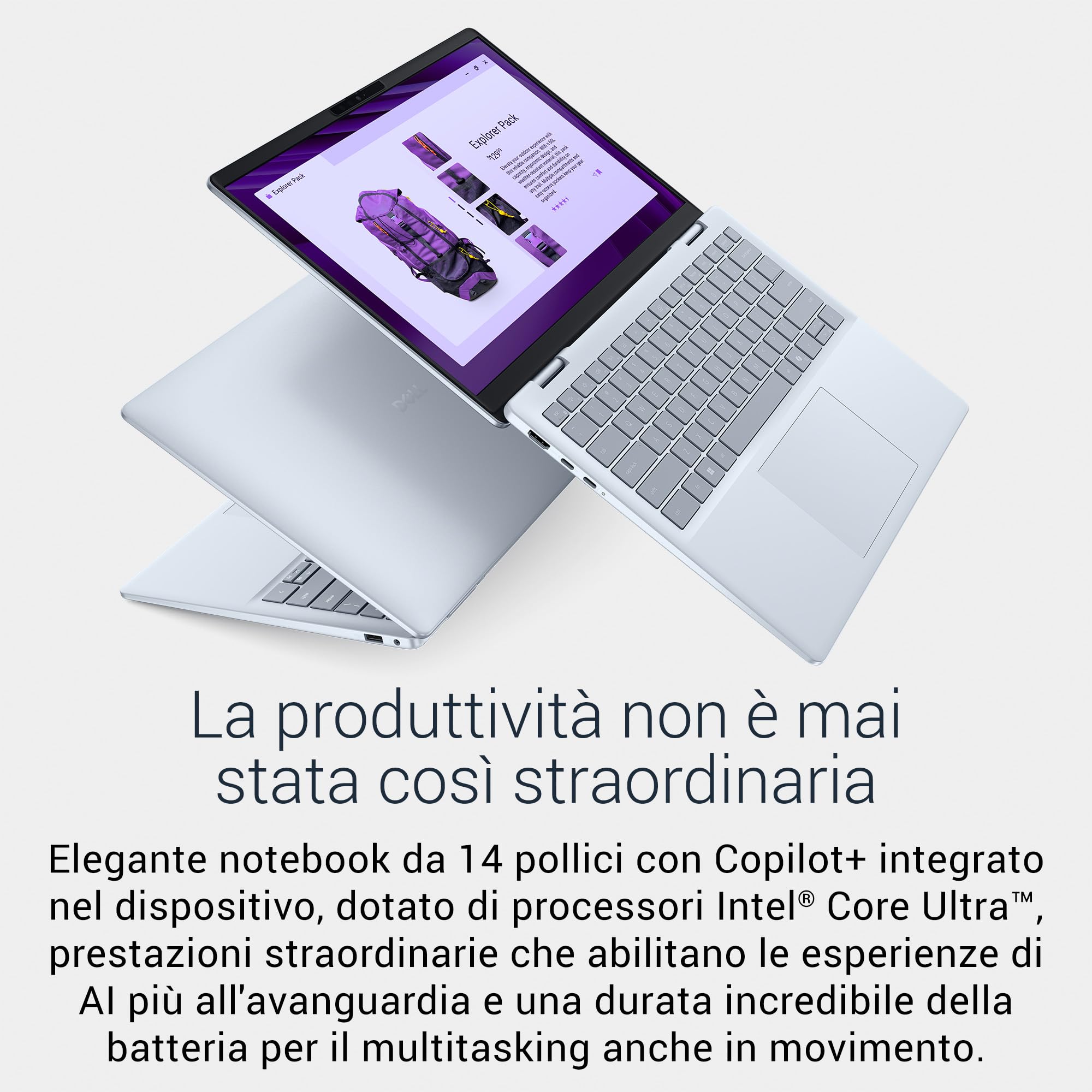Dell 14 Plus Copilot+ PC DB14250 Notebook – 14" 2.5K 16:10 (2560x1600), Intel Core Ultra 7 Series 2, Intel Arc, 32 GB RAM, 1 TB SSD, Windows 11 Pro, Tastiera retroilluminata QWERTY, Ice Blue